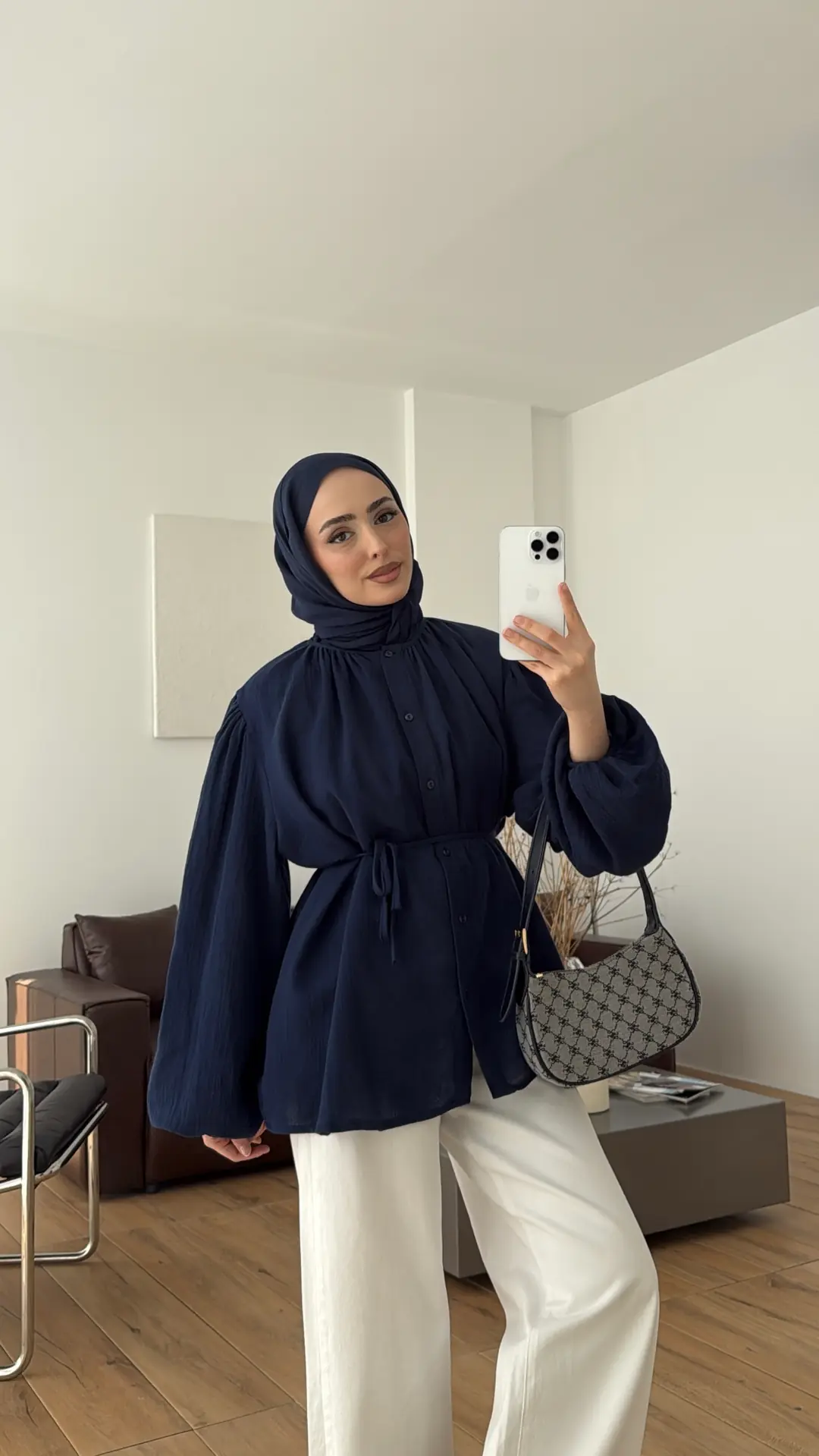 Kolları Lastikli Müslin Gömlek Lacivert
