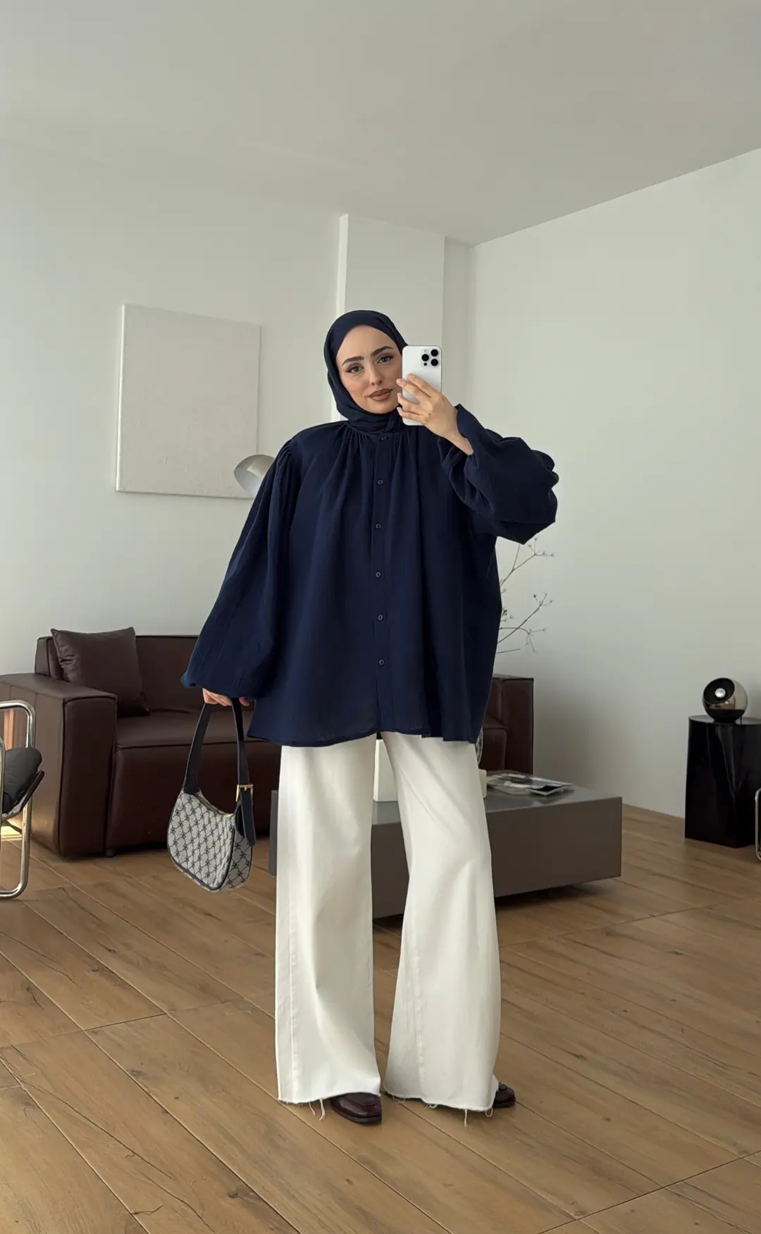 Kolları Lastikli Müslin Gömlek Lacivert