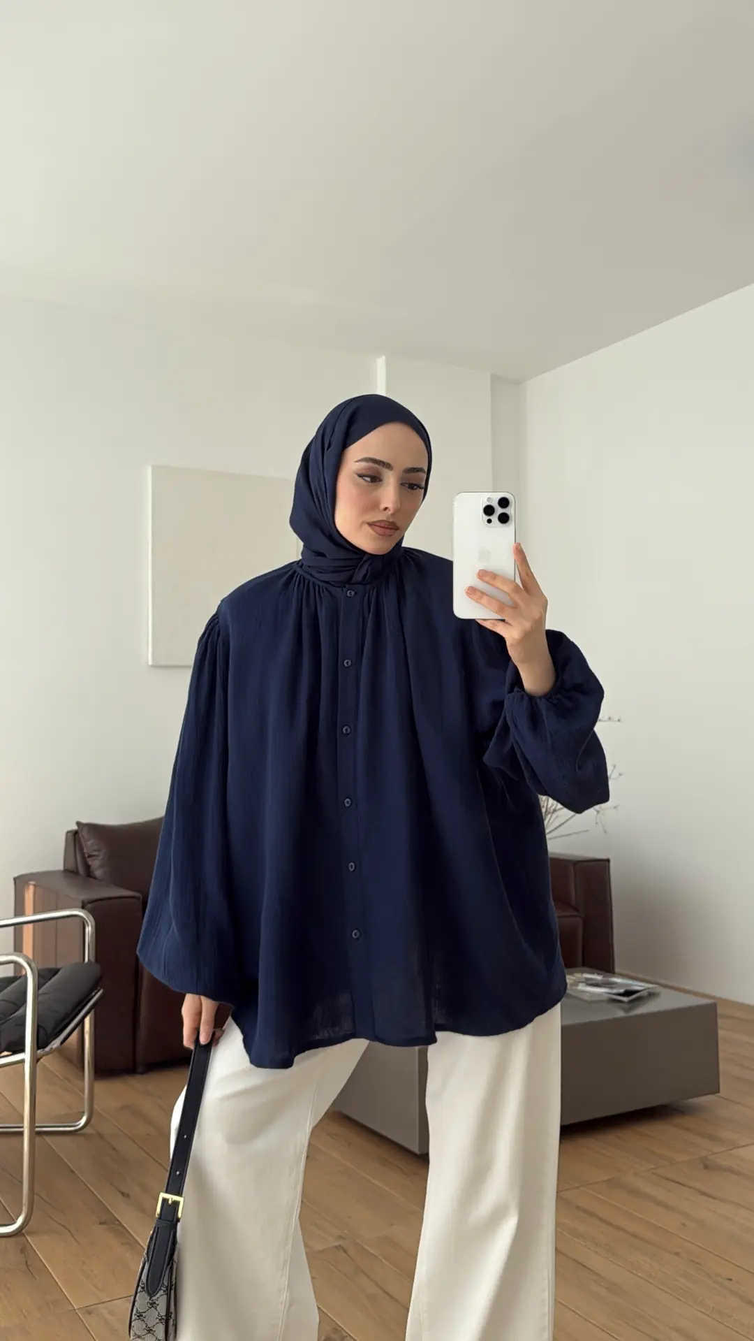 Kolları Lastikli Müslin Gömlek Lacivert
