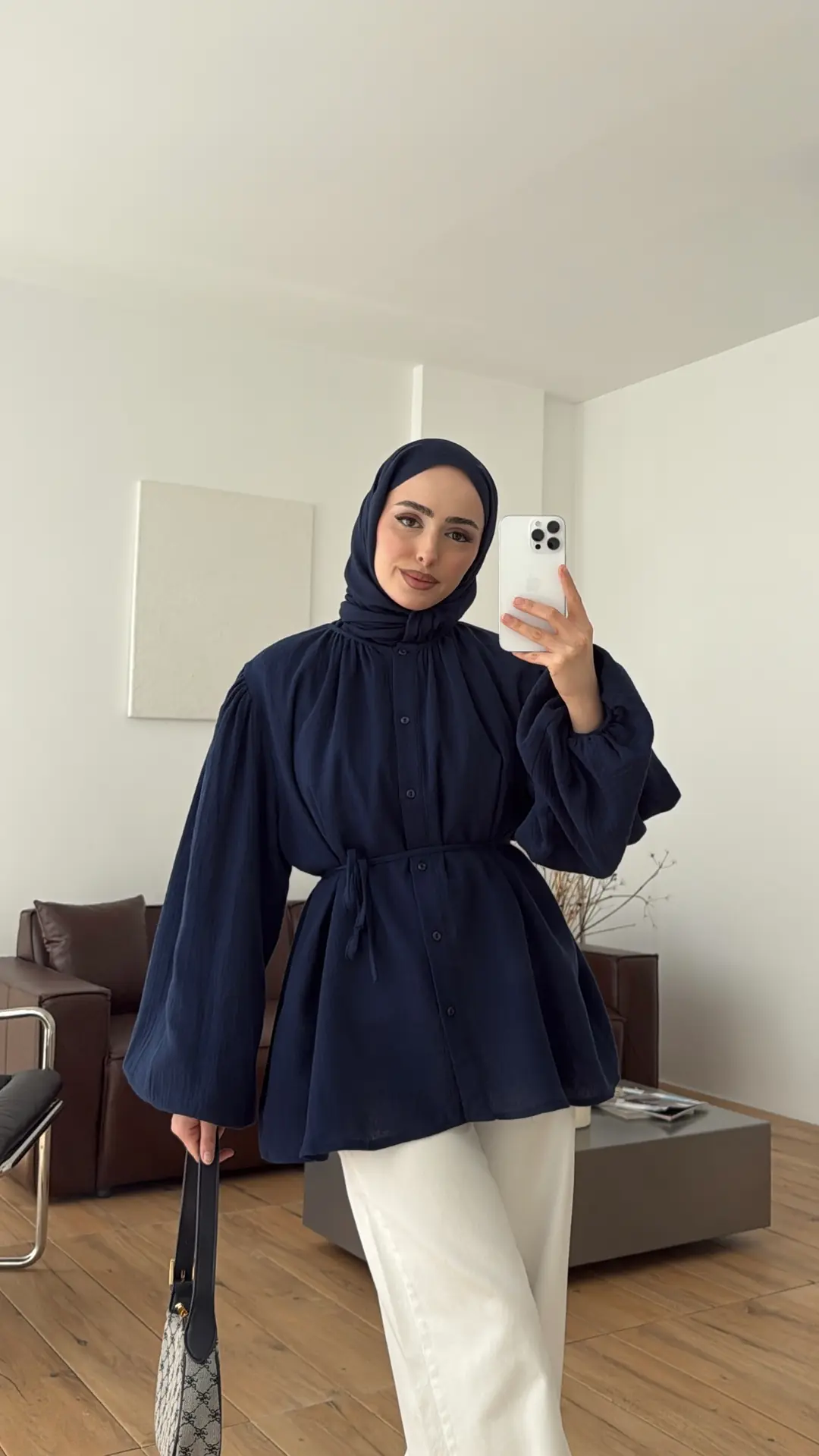 Kolları Lastikli Müslin Gömlek Lacivert