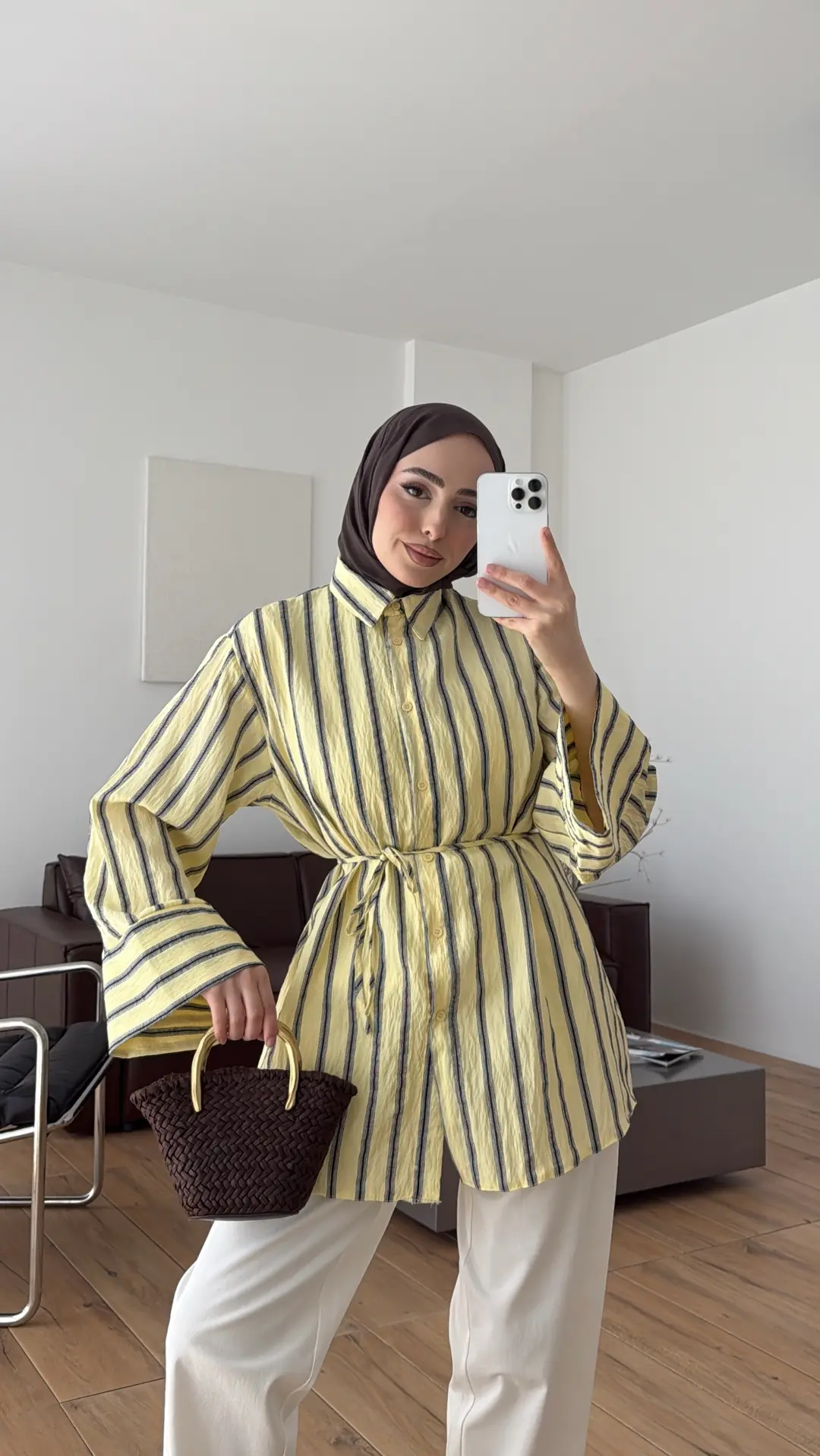 Çizgili Bağlamalı Gömlek Sarı