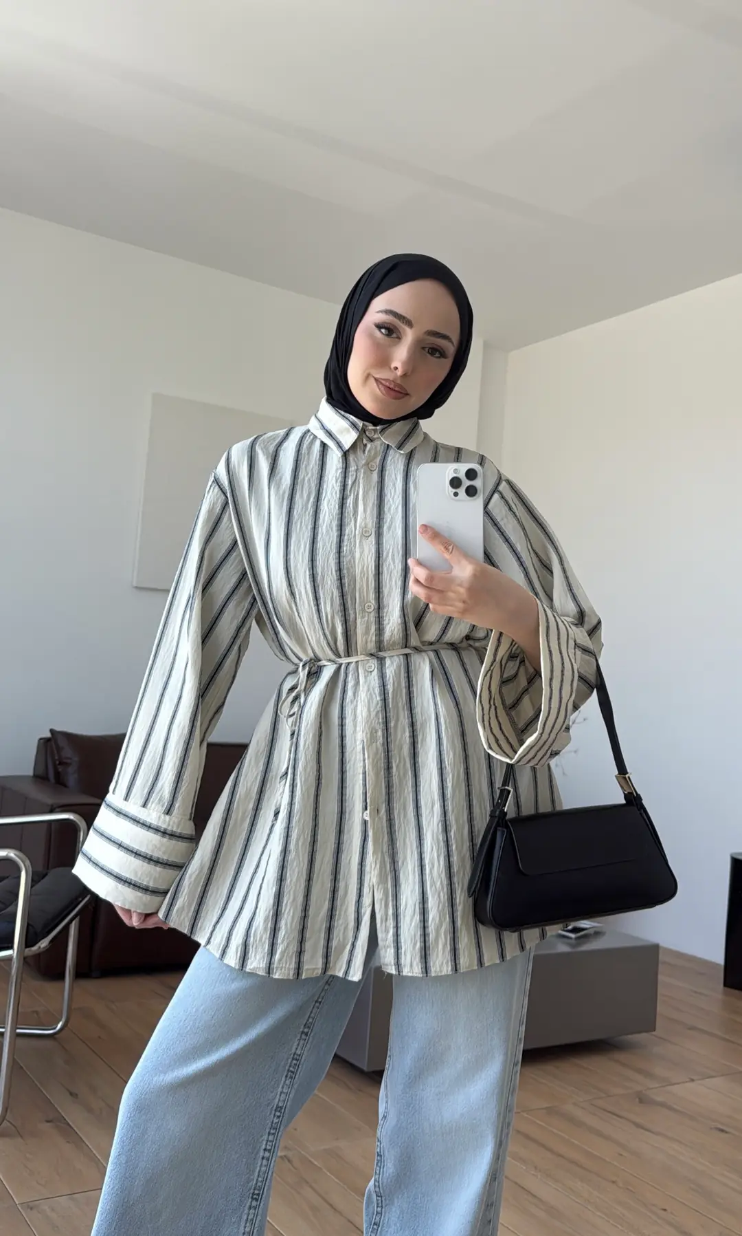 Çizgili Bağlamalı Gömlek Ekru