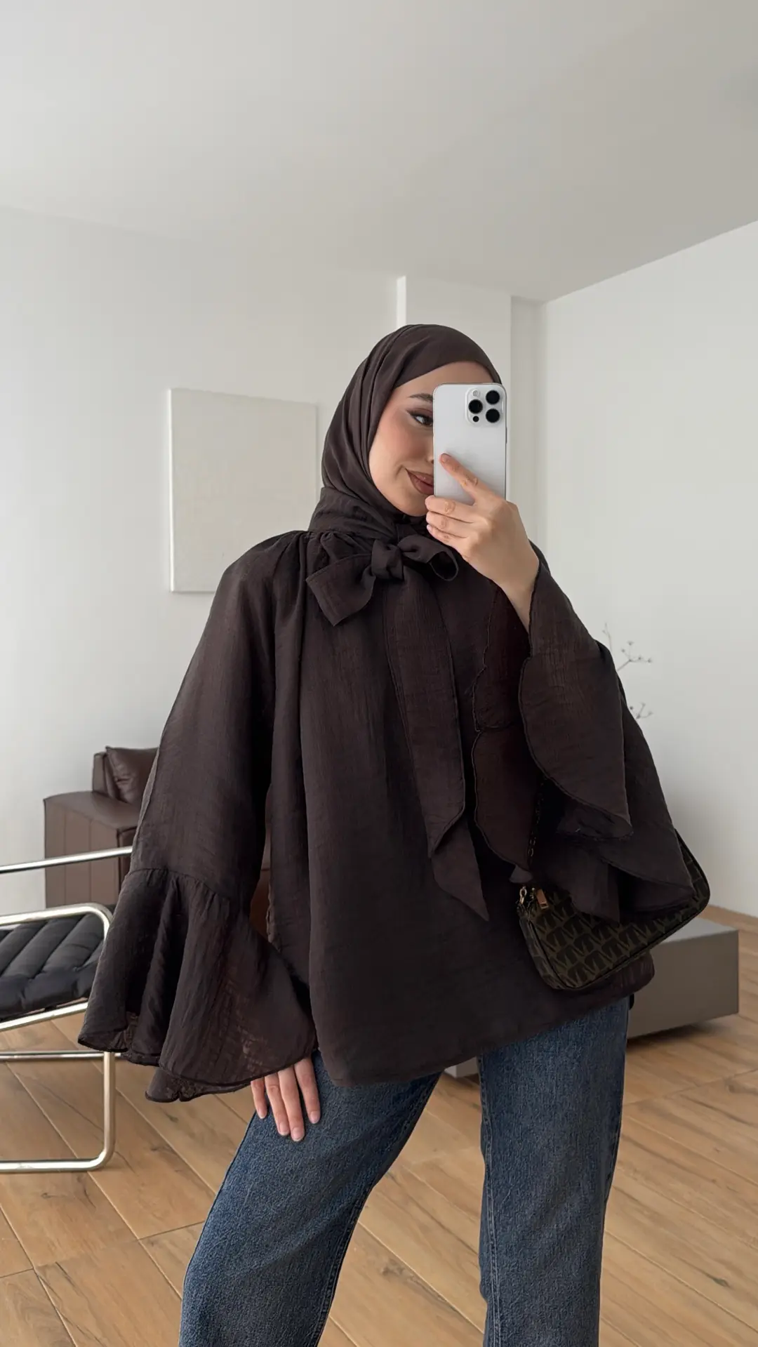 Kolları Volanlı Gömlek Kahve