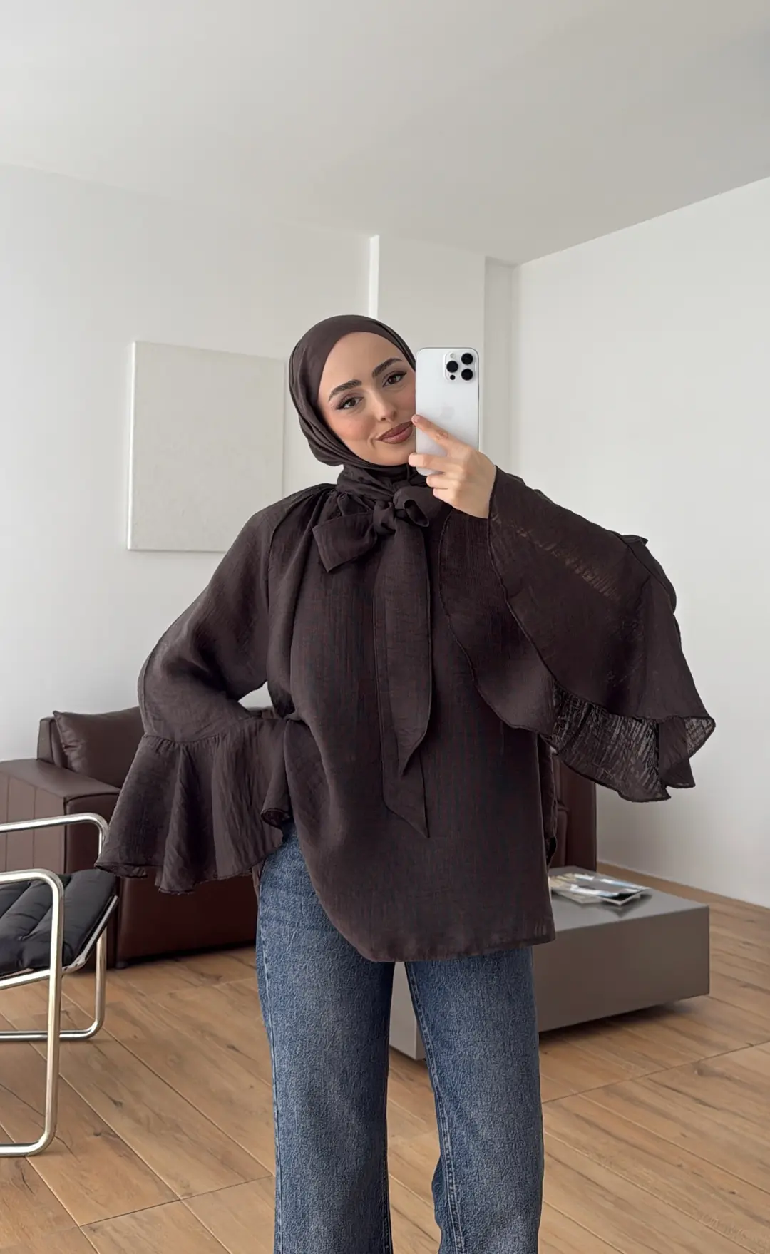 Kolları Volanlı Gömlek Kahve