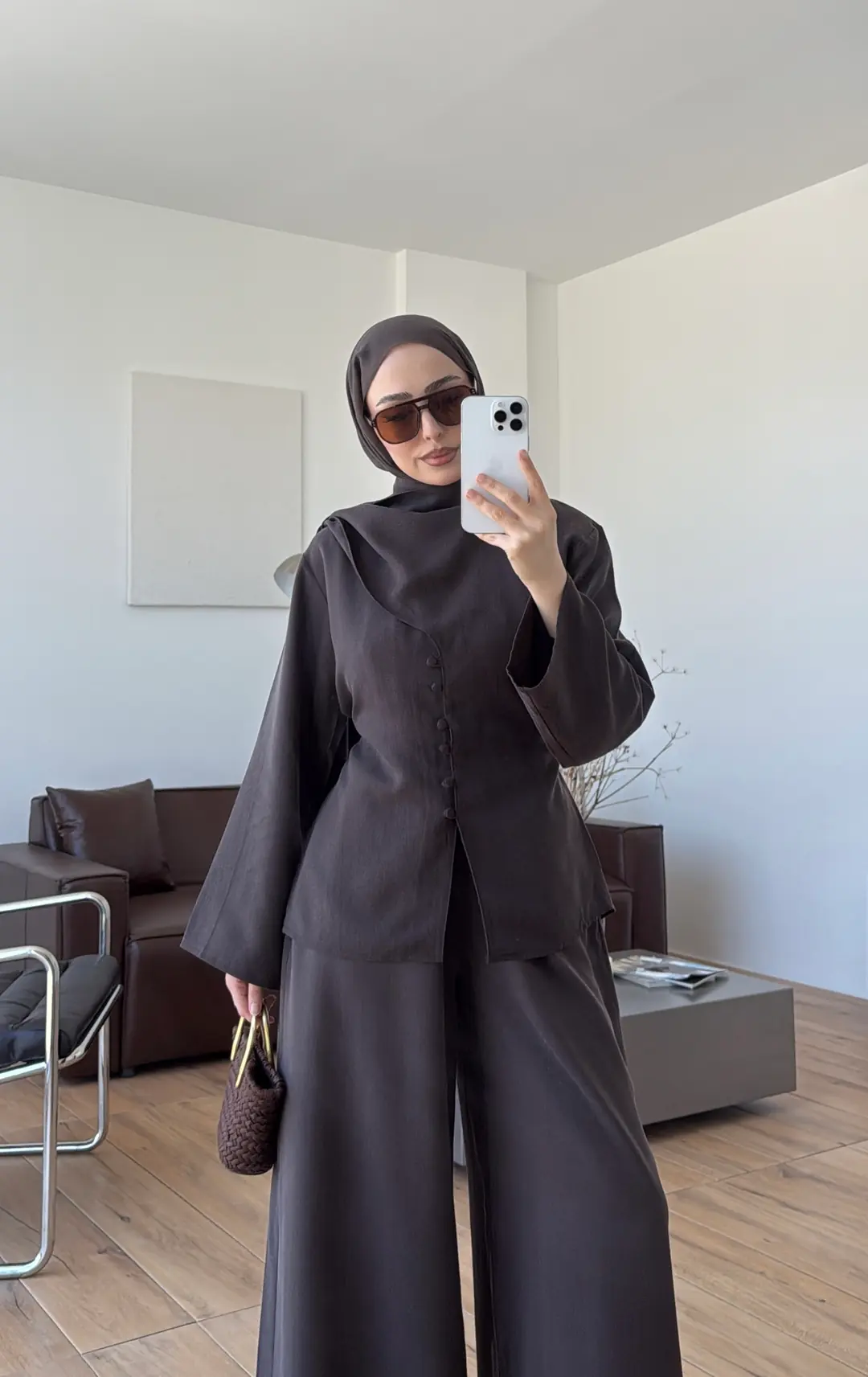 Şal Detay Bol Paçalı Takım Kahve