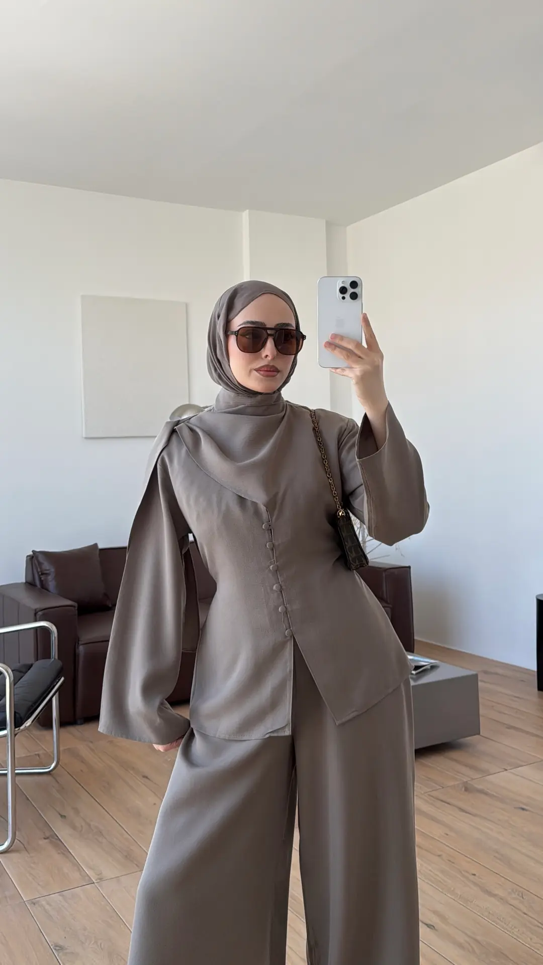 Şal Detay Bol Paçalı Takım Vizon