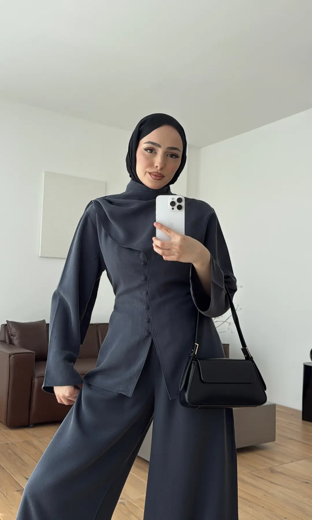 Şal Detay Bol Paçalı Takım Petrol