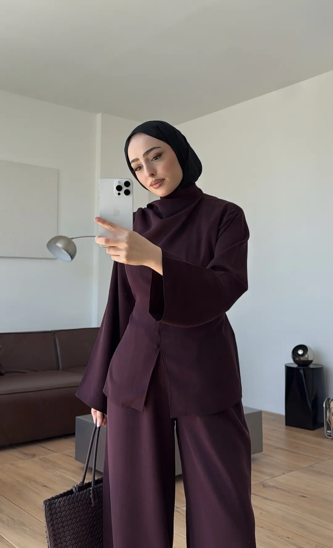 Şal Detay Bol Paçalı Takım Mürdüm 
