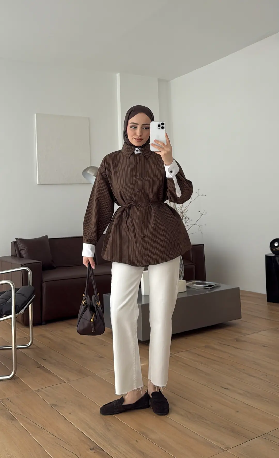 Kontrast Geçişli Çizgili Gömlek Kahve