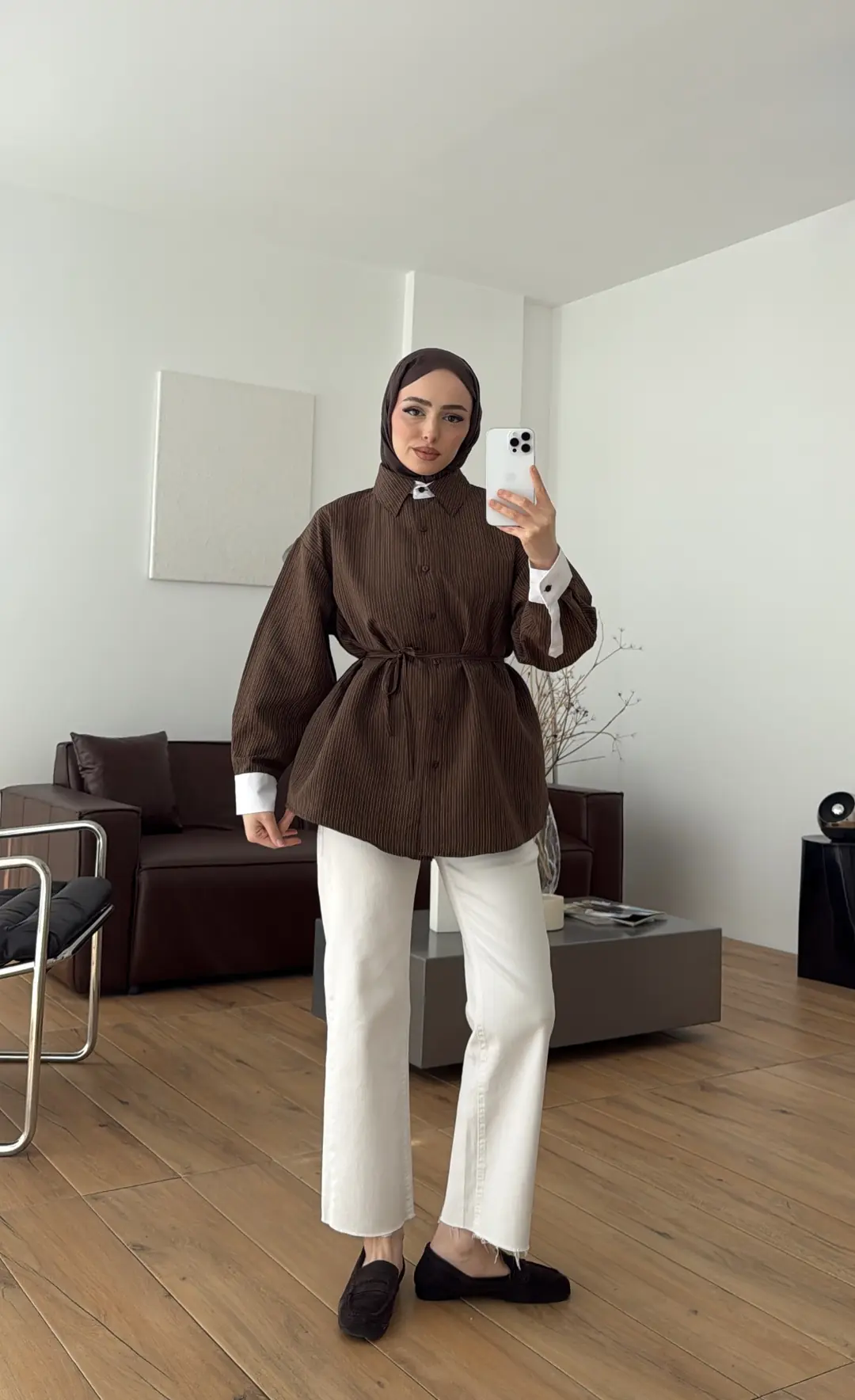 Kontrast Geçişli Çizgili Gömlek Kahve