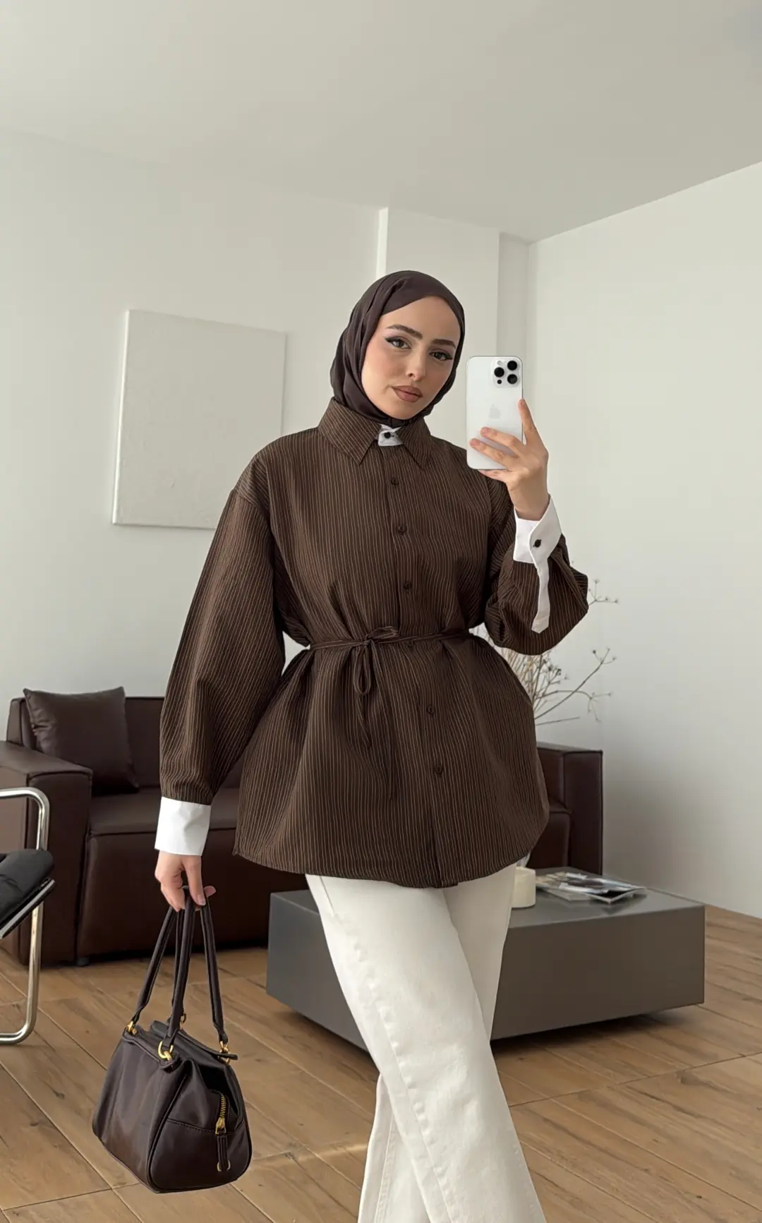 Kontrast Geçişli Çizgili Gömlek Kahve