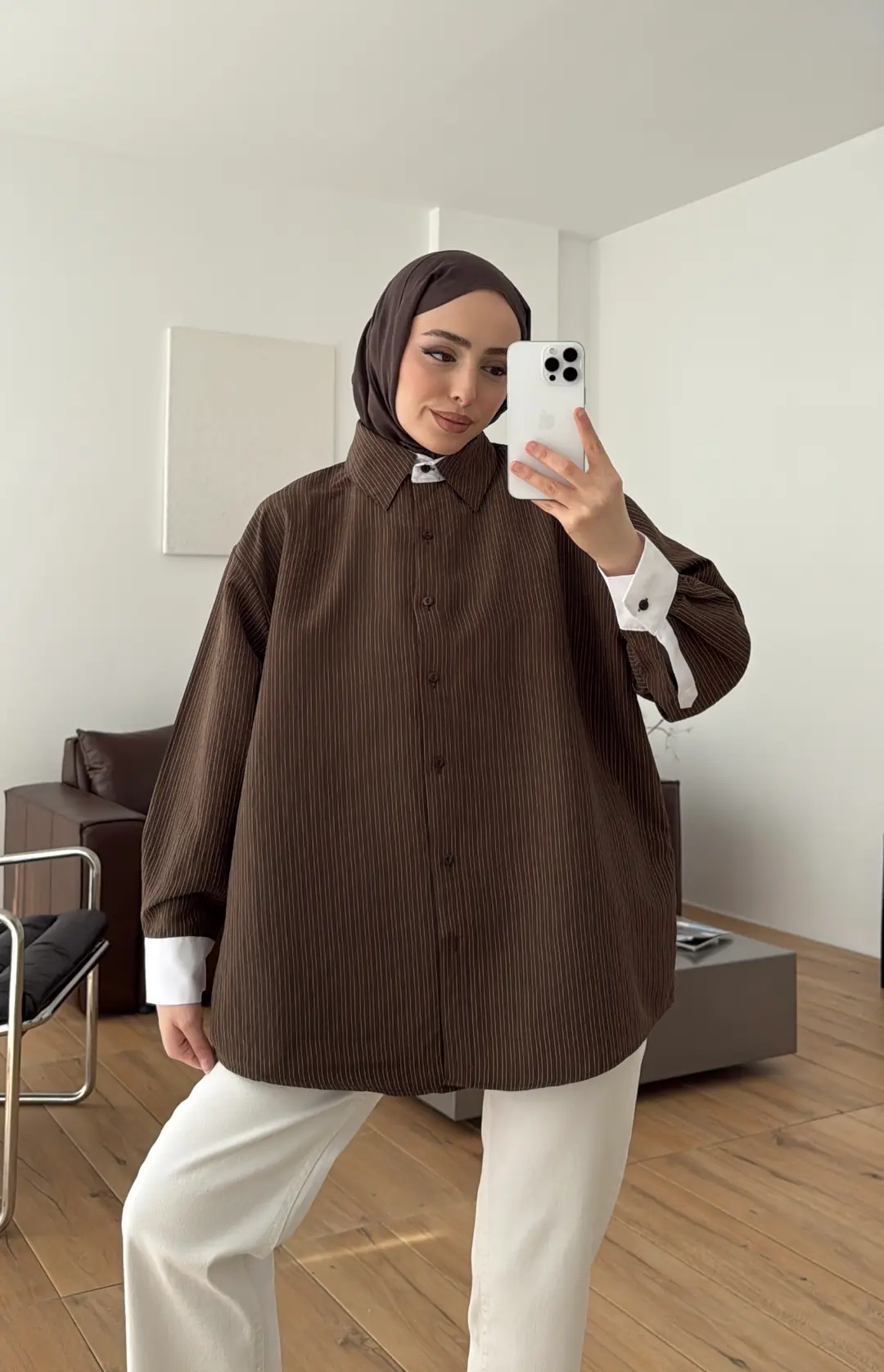 Kontrast Geçişli Çizgili Gömlek Kahve