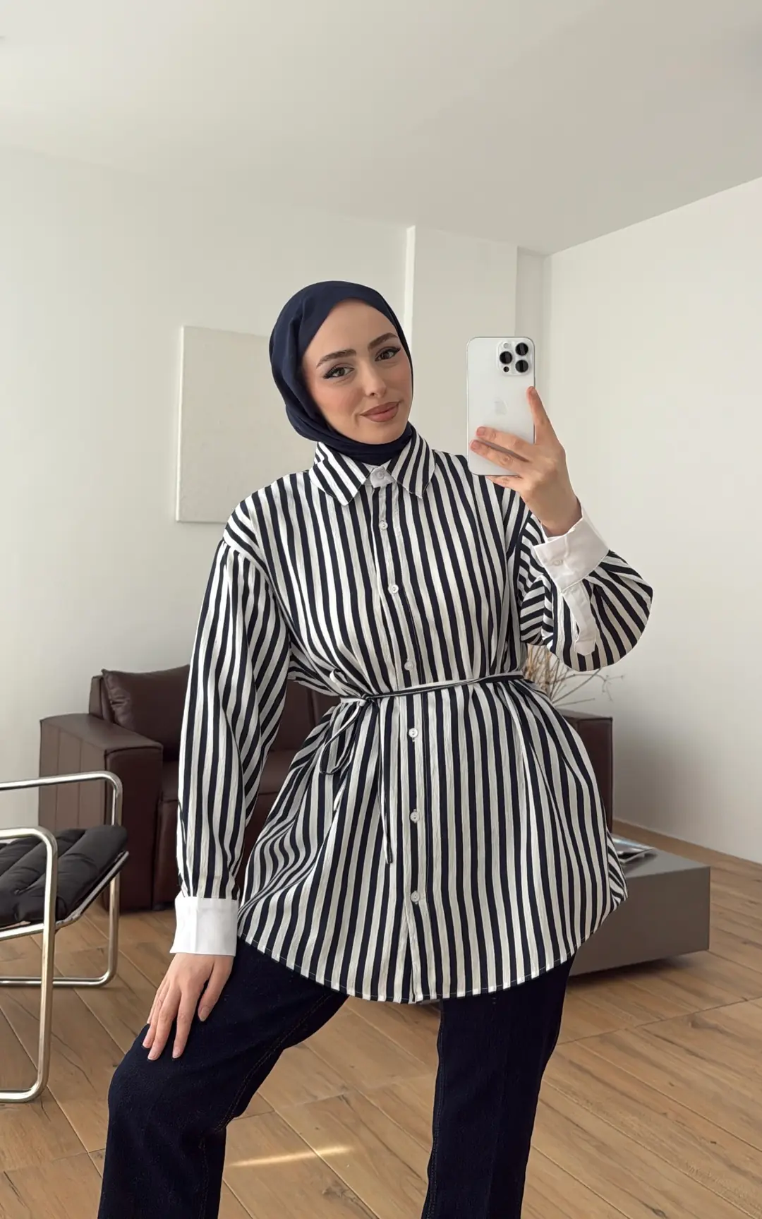 Kontrast Geçişli Çizgili Gömlek Lacivert