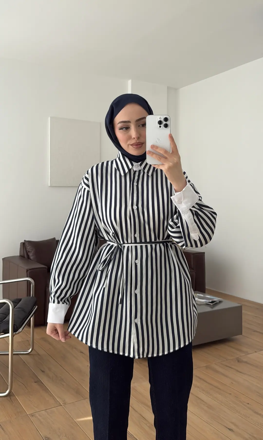Kontrast Geçişli Çizgili Gömlek Lacivert