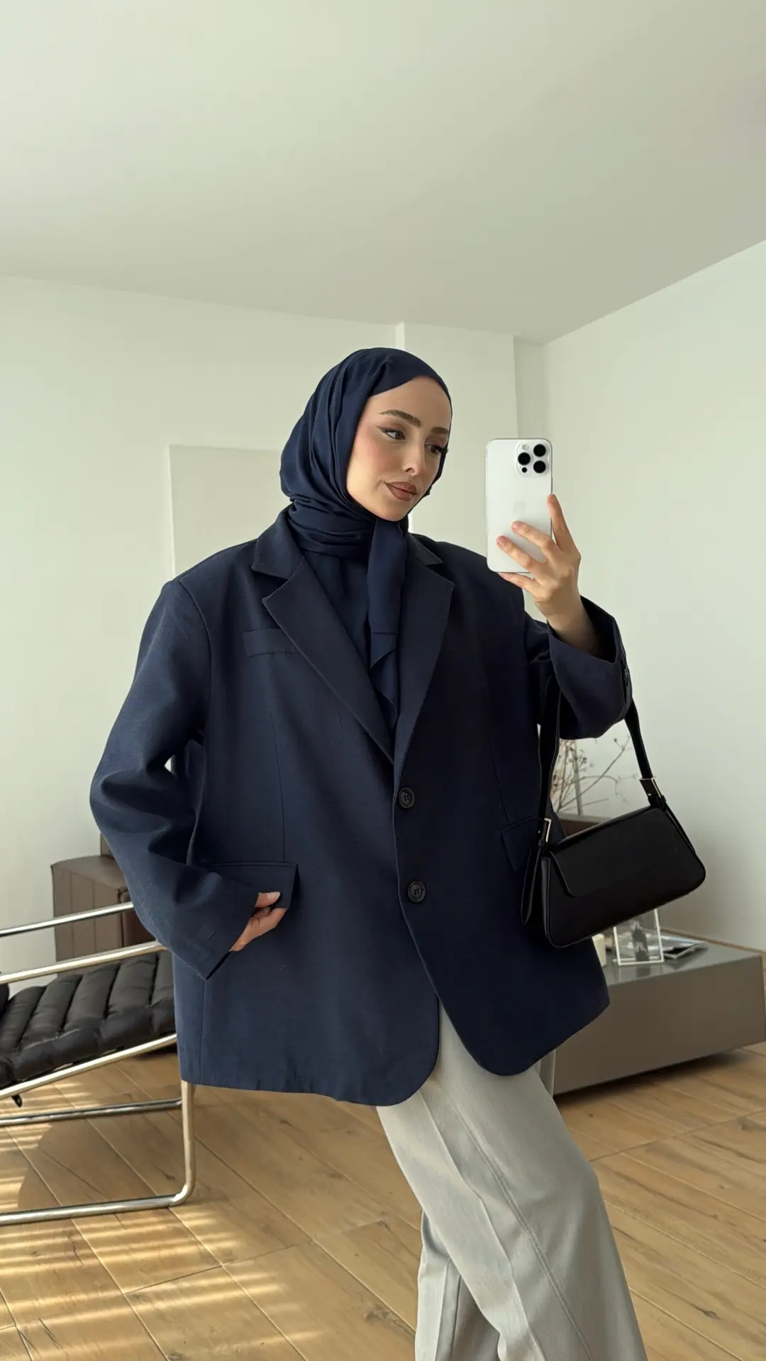 Oversize Keten Ceket Lacivert 