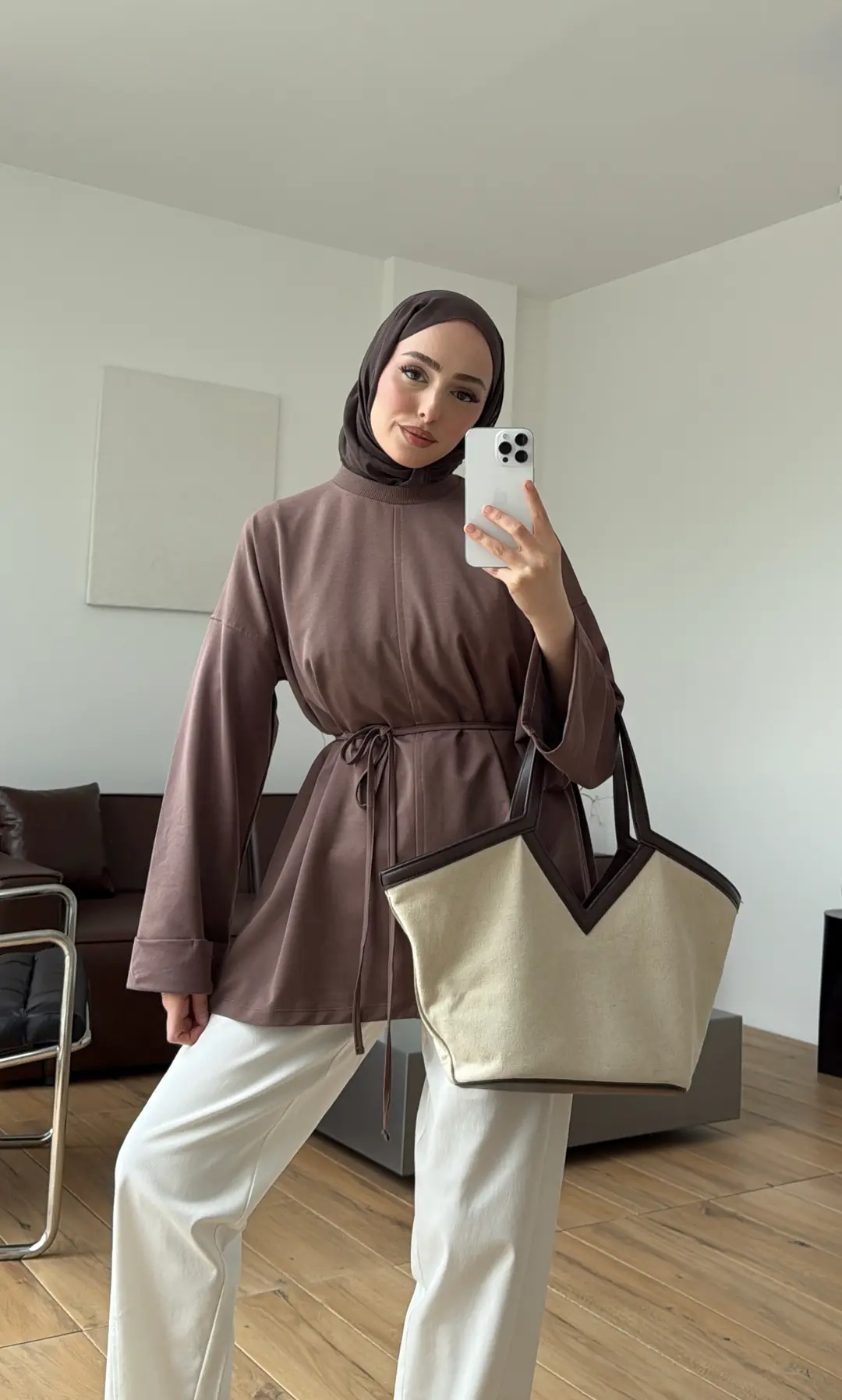 Bağlamalı Yanı Yırtmaç Detay Sweat Sütlü Kahve