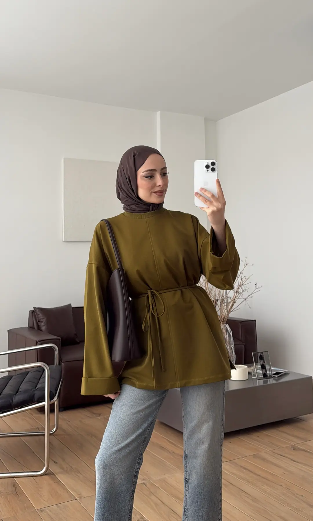 Bağlamalı Yanı Yırtmaç Detay Sweat Olive