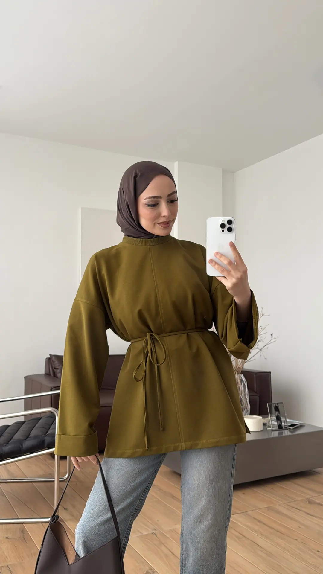 Bağlamalı Yanı Yırtmaç Detay Sweat Olive