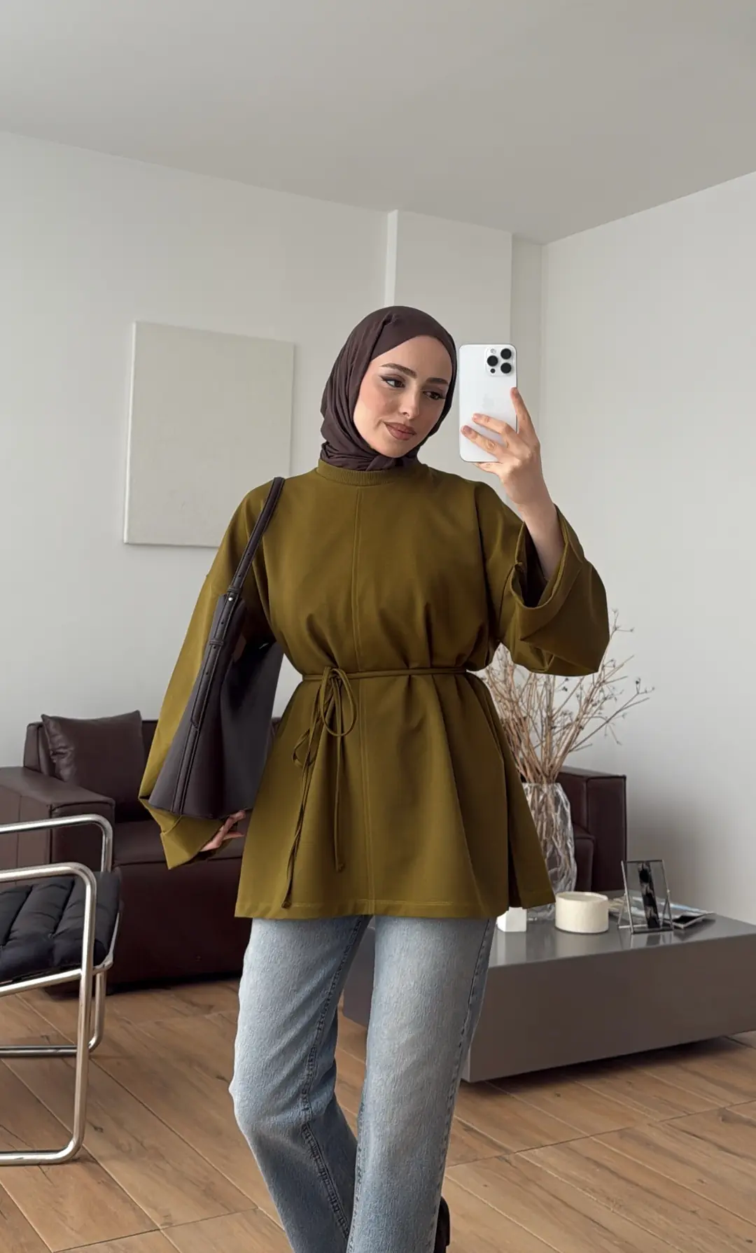 Bağlamalı Yanı Yırtmaç Detay Sweat Olive