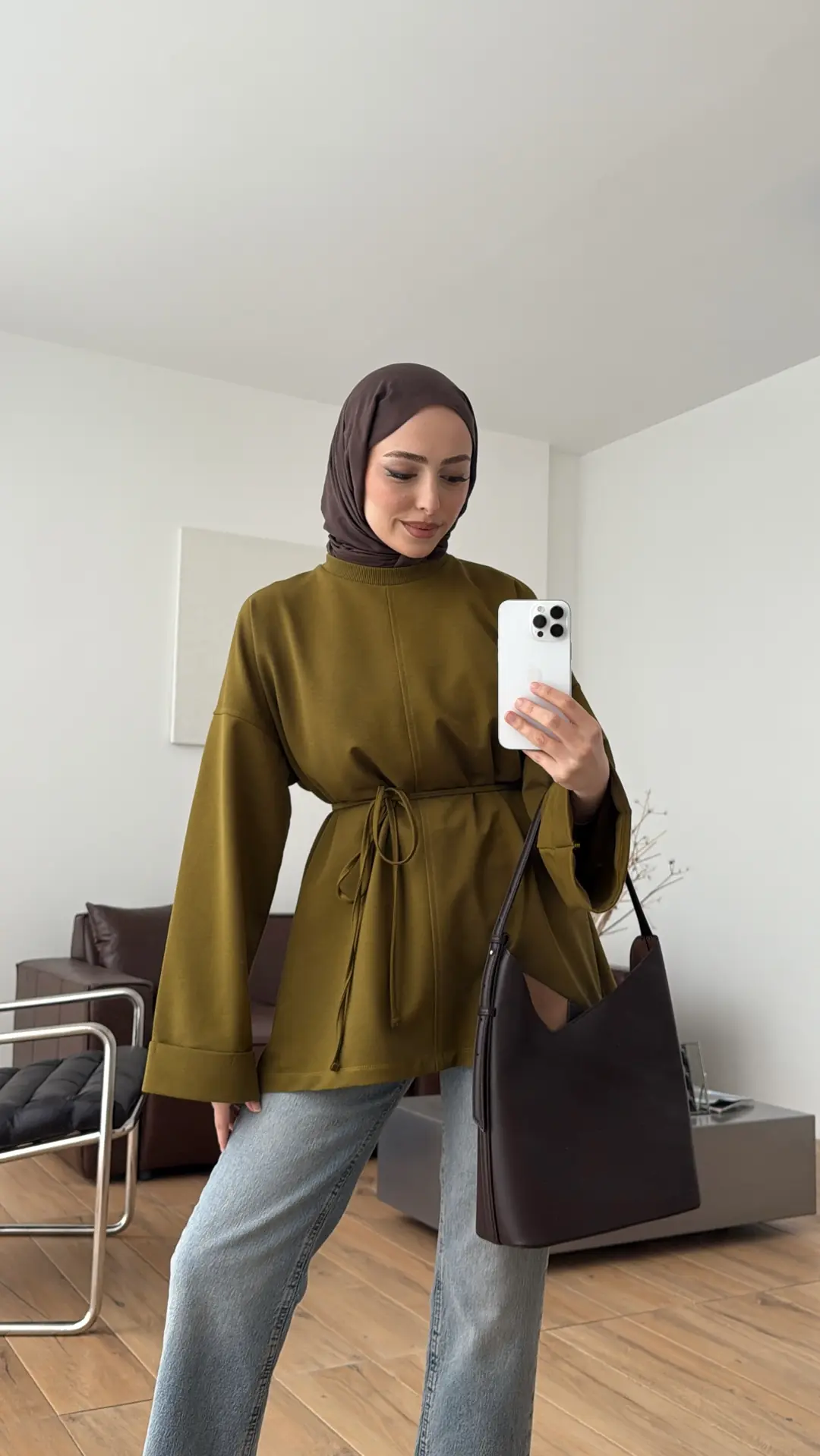Bağlamalı Yanı Yırtmaç Detay Sweat Olive