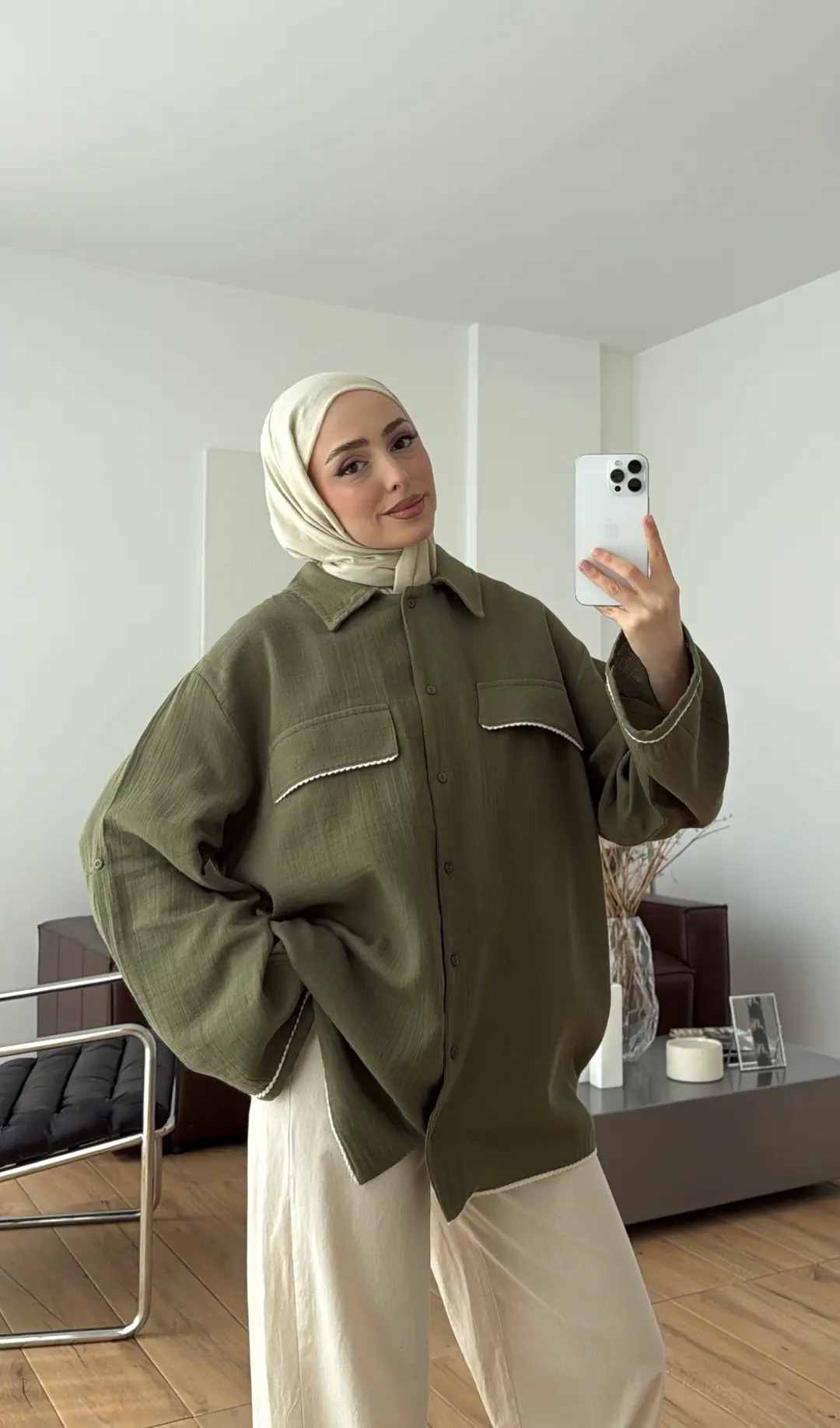 Müslin Dantel Detaylı Gömlek Haki