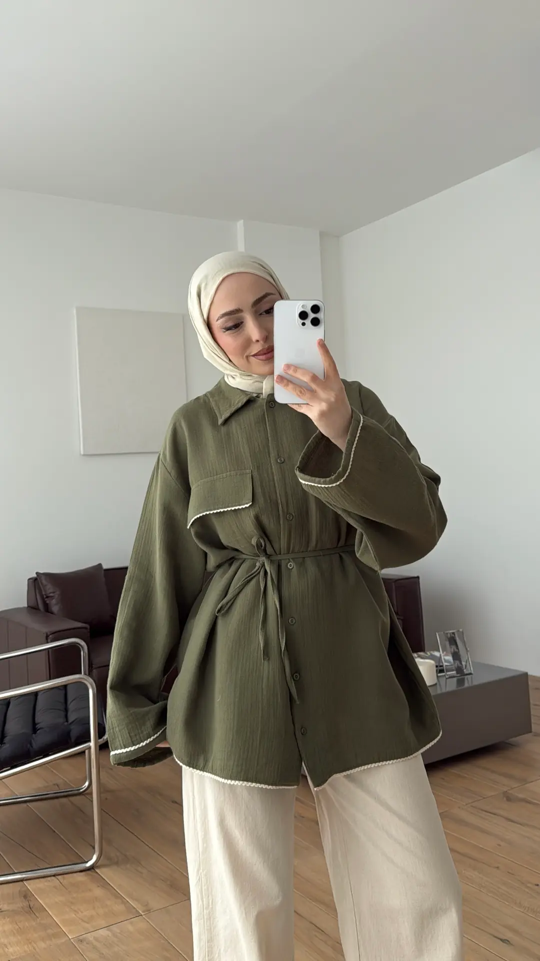 Müslin Dantel Detaylı Gömlek Haki