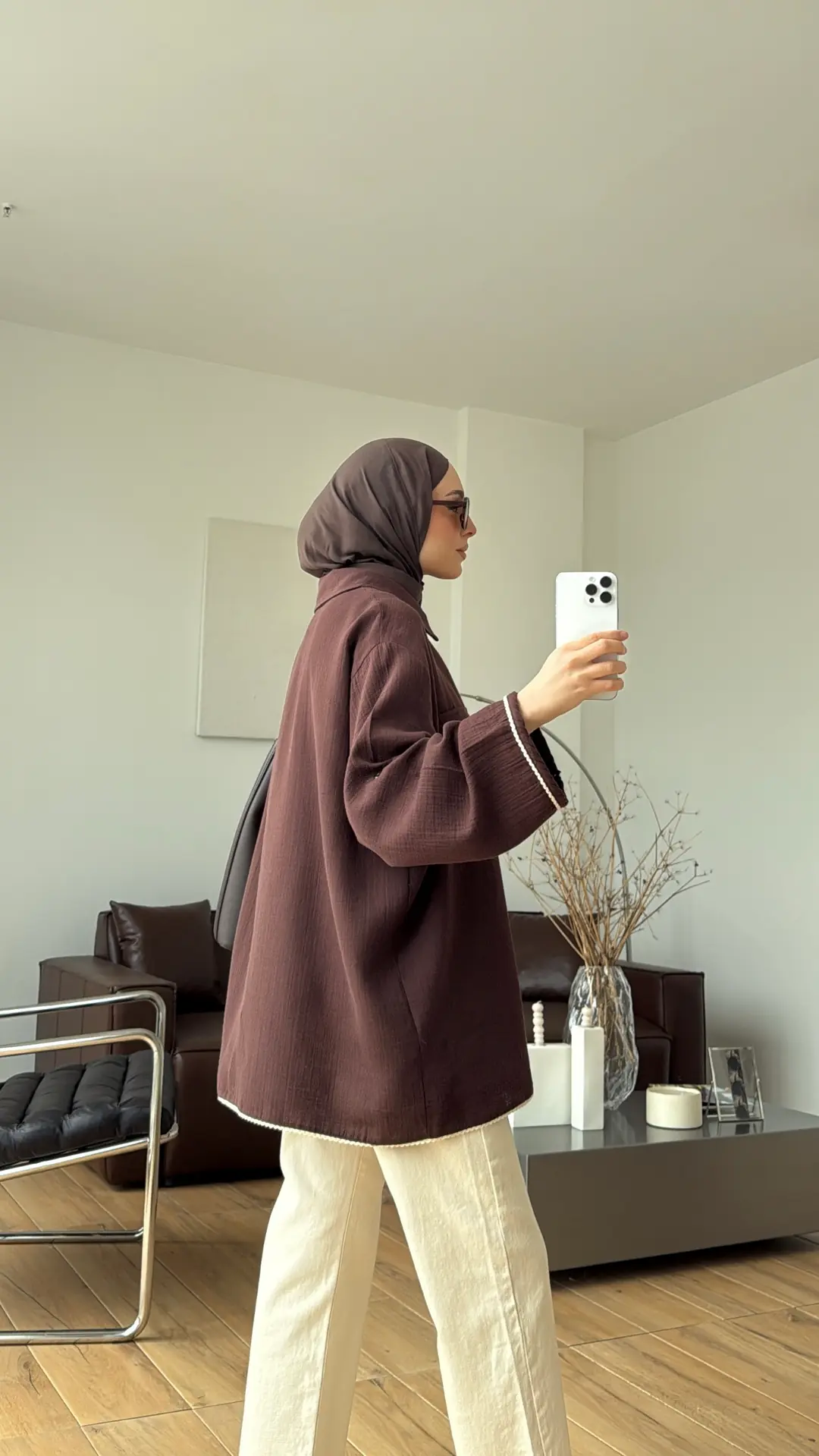 Müslin Dantel Detaylı Gömlek Kahve