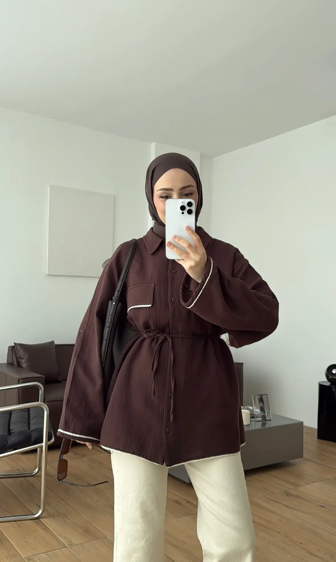 Müslin Dantel Detaylı Gömlek Kahve