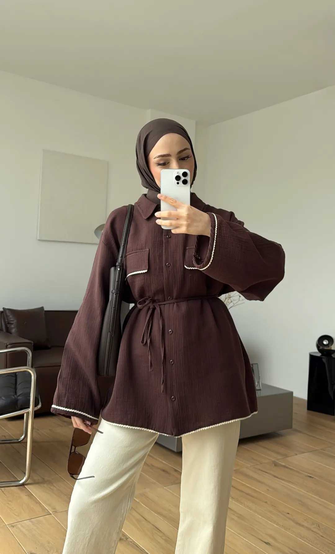 Müslin Dantel Detaylı Gömlek Kahve