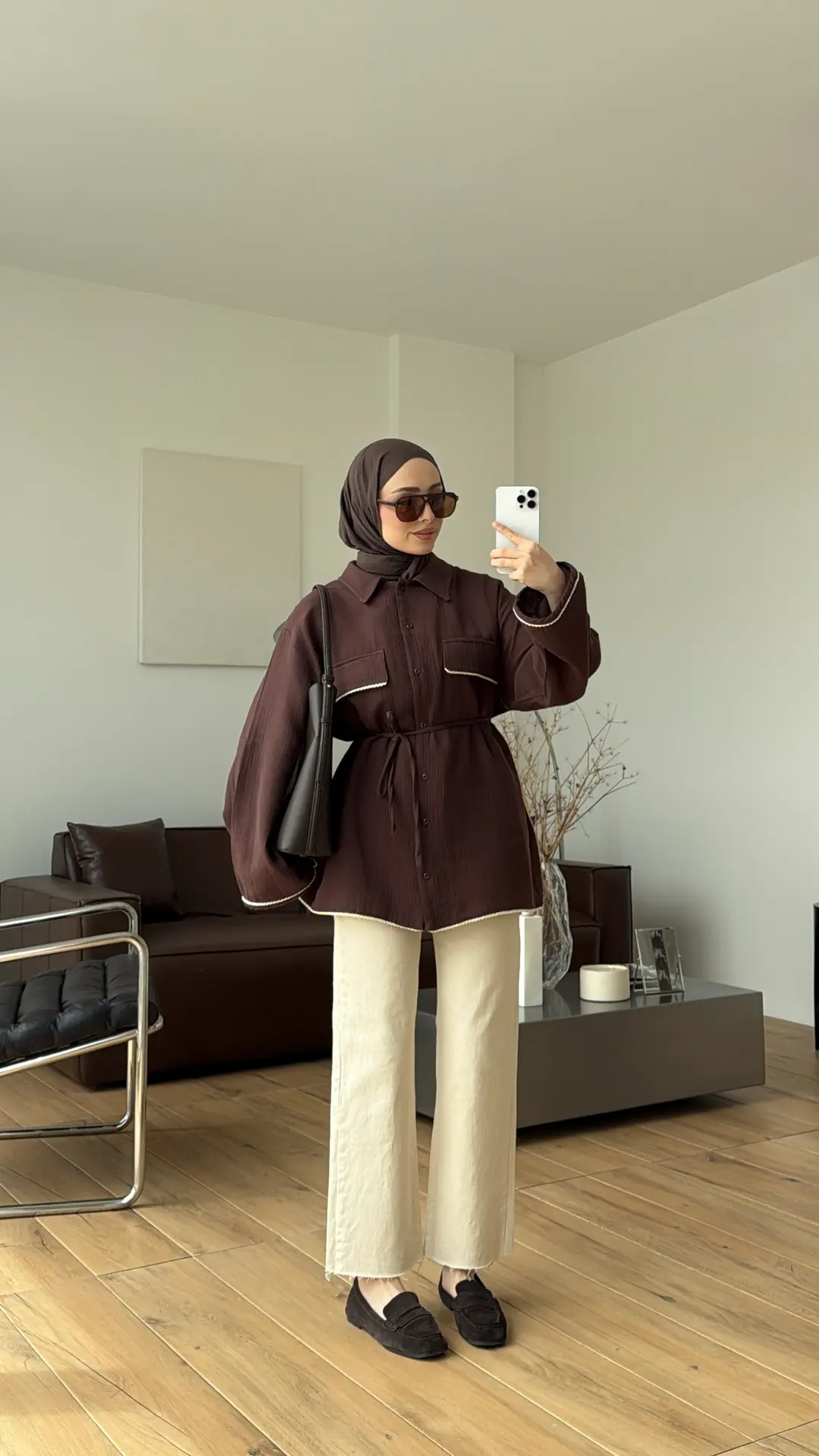 Müslin Dantel Detaylı Gömlek Kahve