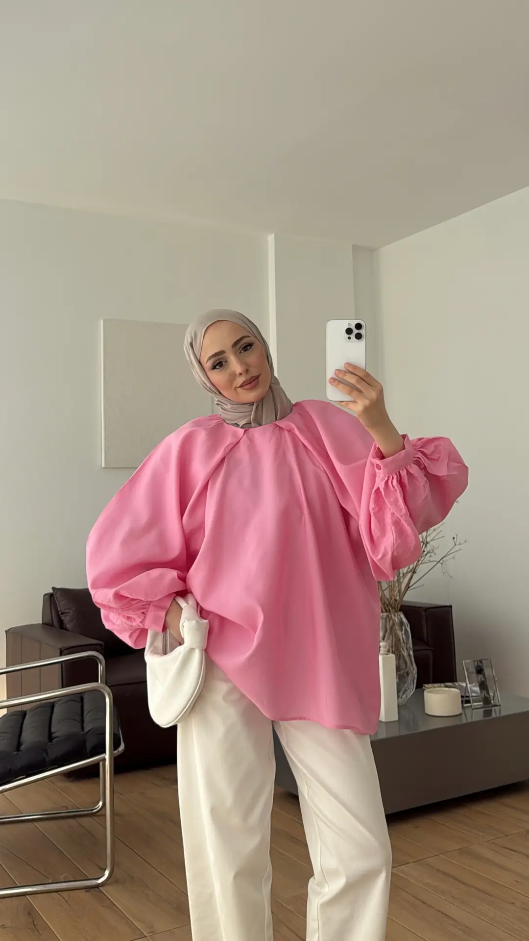 Balon Kol Tek Pile Detay Bluz Pembe