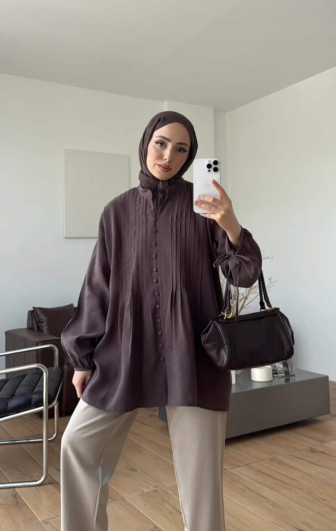 Nervürlü Tensel Tunik Kahve