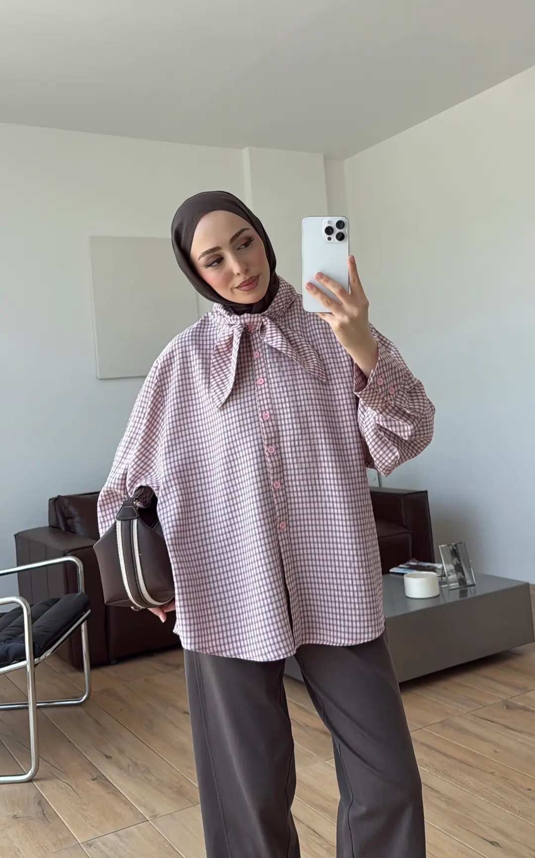 Ekose Fular Yaka Gömlek Pudra/Gri