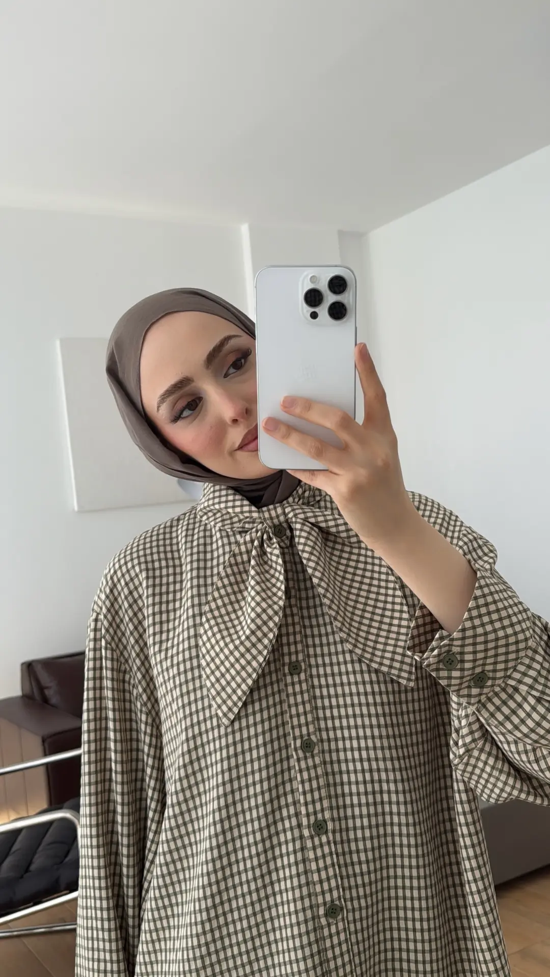 Ekose Fular Yaka Gömlek Bej/Haki