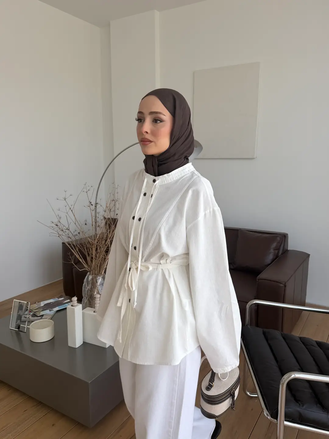 Premıum Geniş Patlı Keten Gömlek Ekru