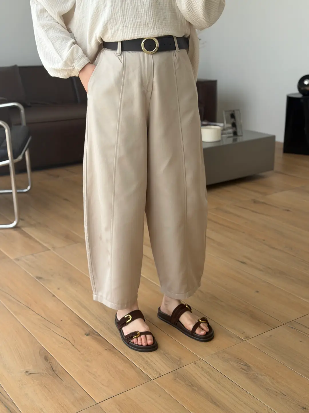Baggy Kemerli Pantolon Taş 