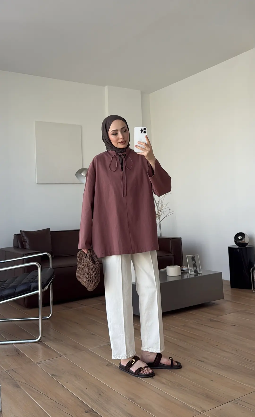 Yakası Bağlamalı Keten Bluz Kiremit