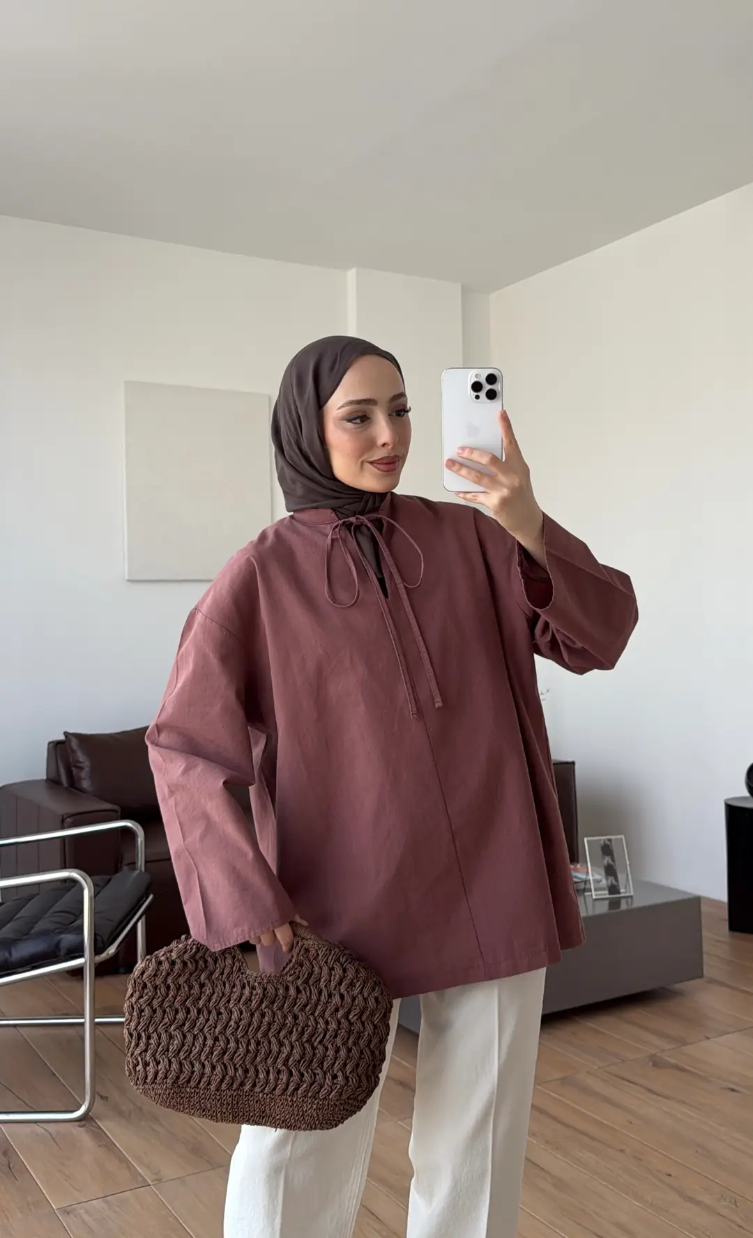 Yakası Bağlamalı Keten Bluz Kiremit