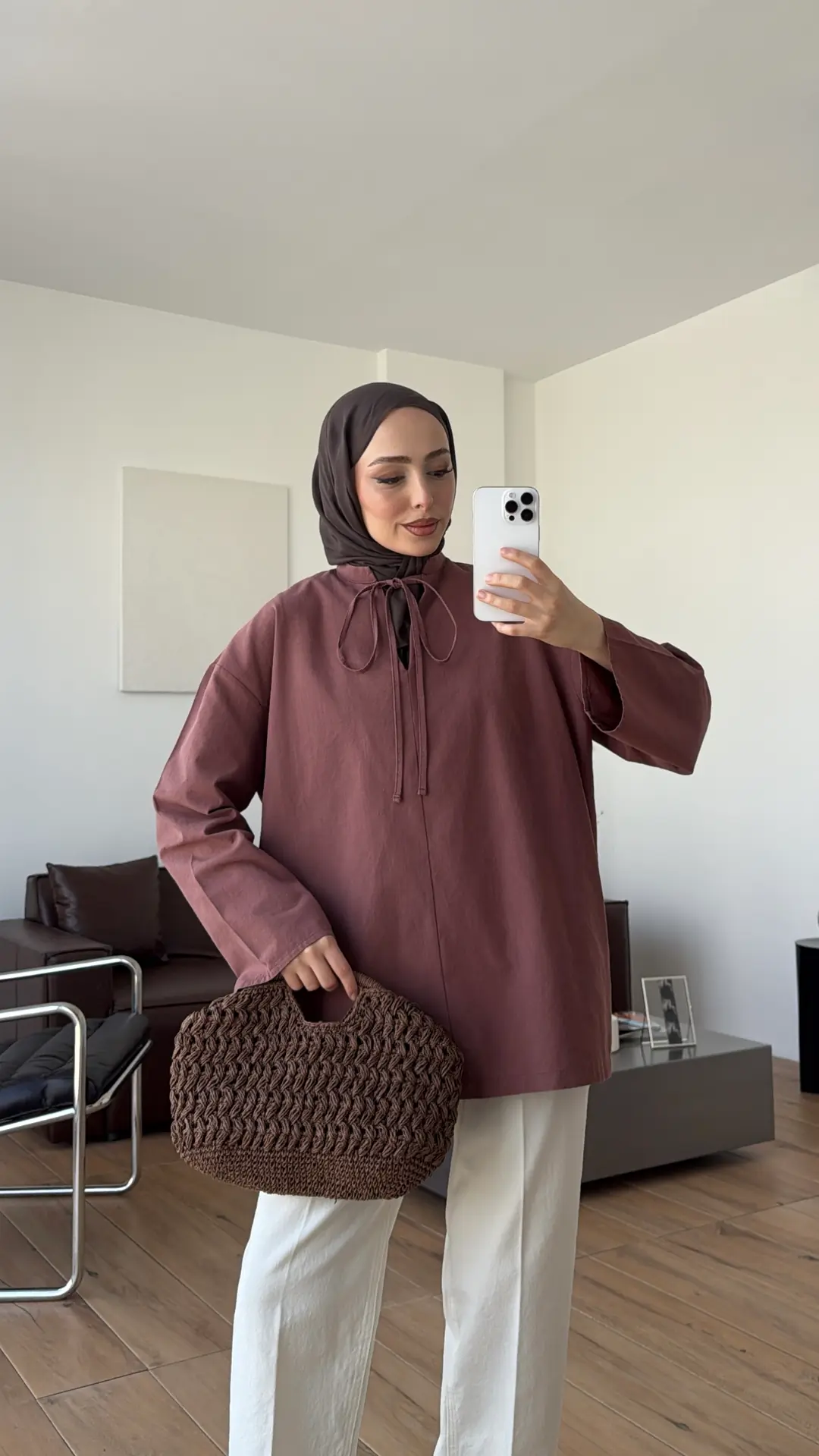 Yakası Bağlamalı Keten Bluz Kiremit