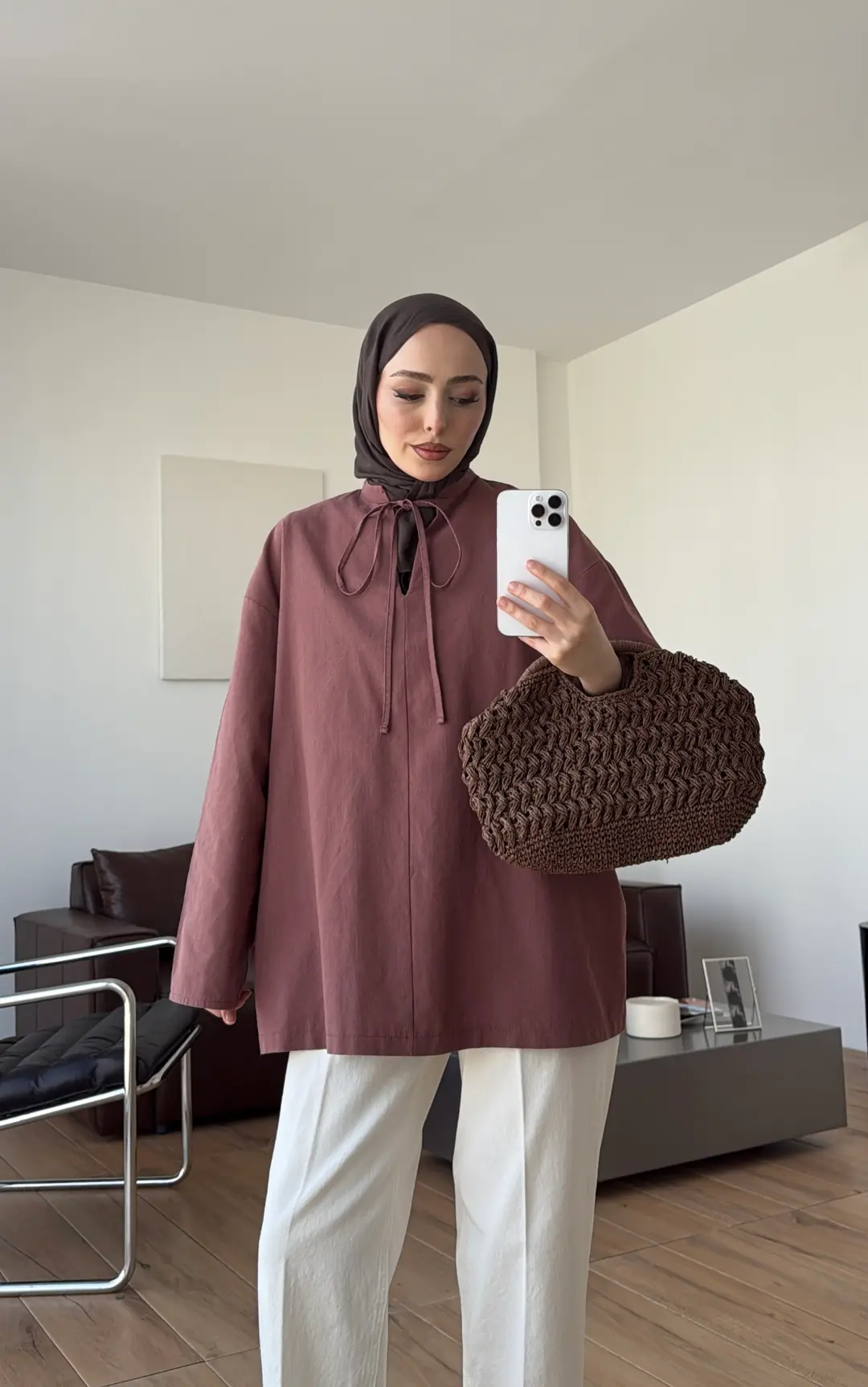 Yakası Bağlamalı Keten Bluz Kiremit