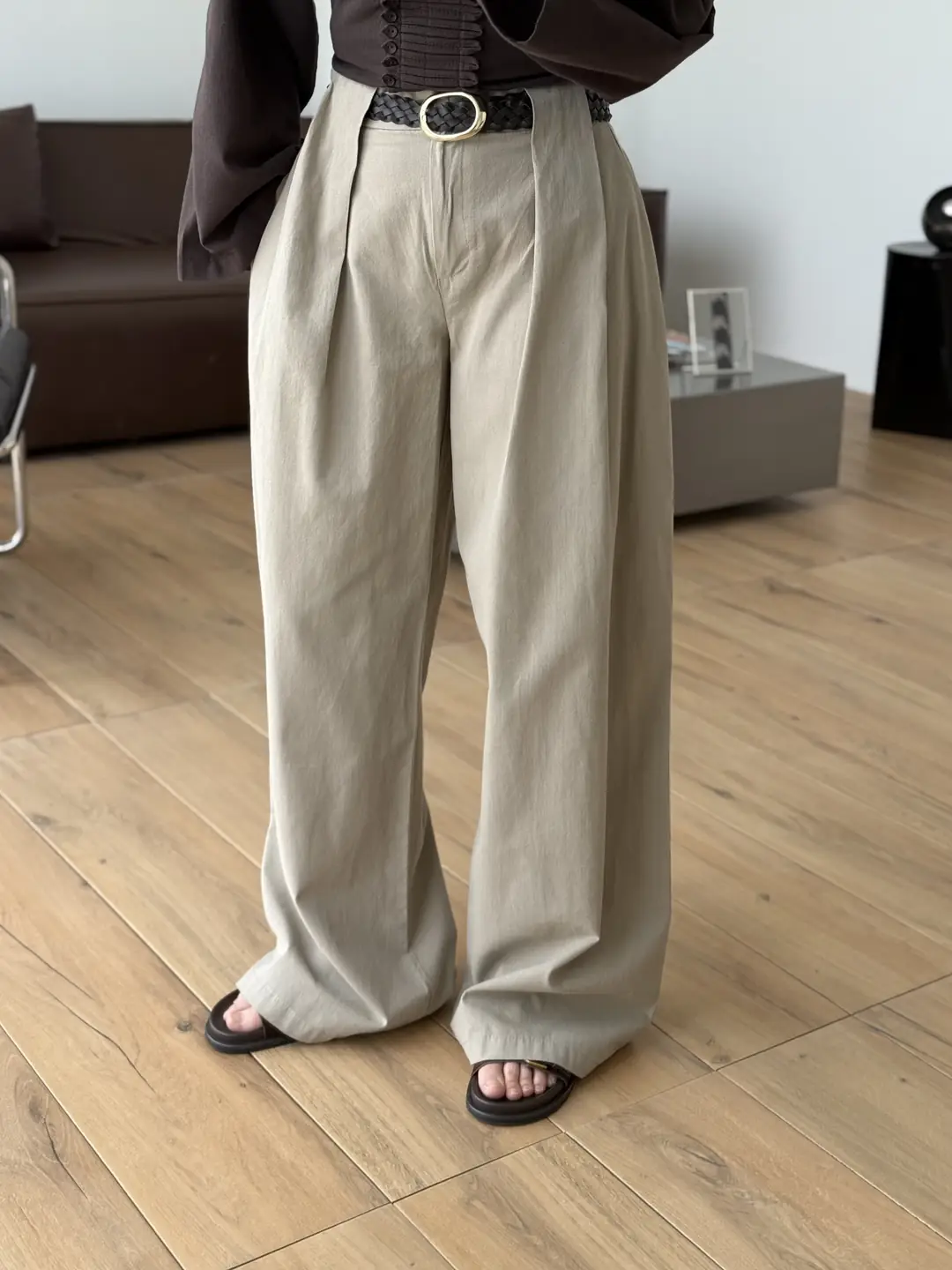 Kemerli Keten Pantolon Vizon