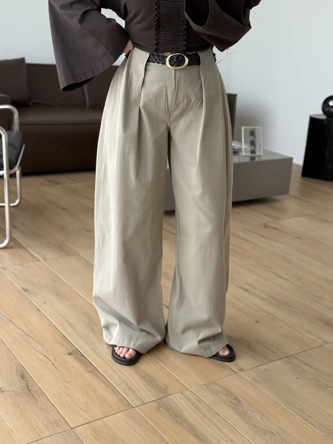 Kemerli Keten Pantolon Vizon