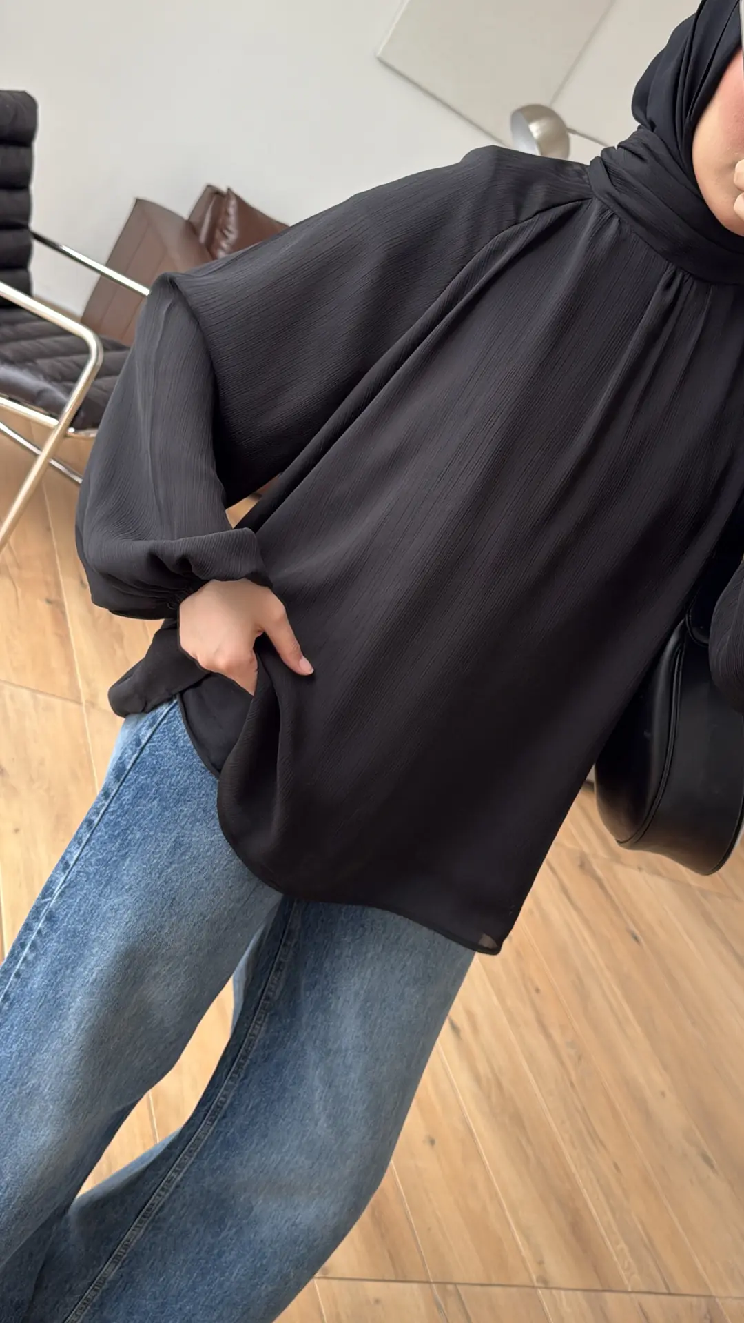 Krinkıl Atkılı Bluz Siyah