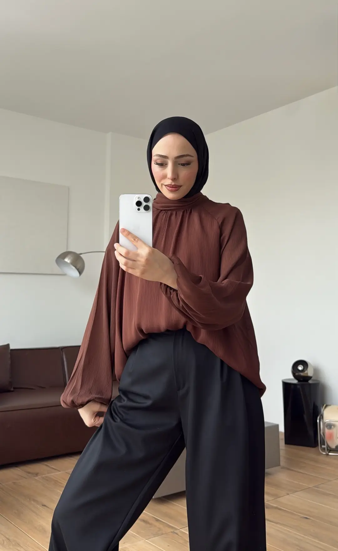 Krinkıl Atkılı Bluz Çikolata Kahve