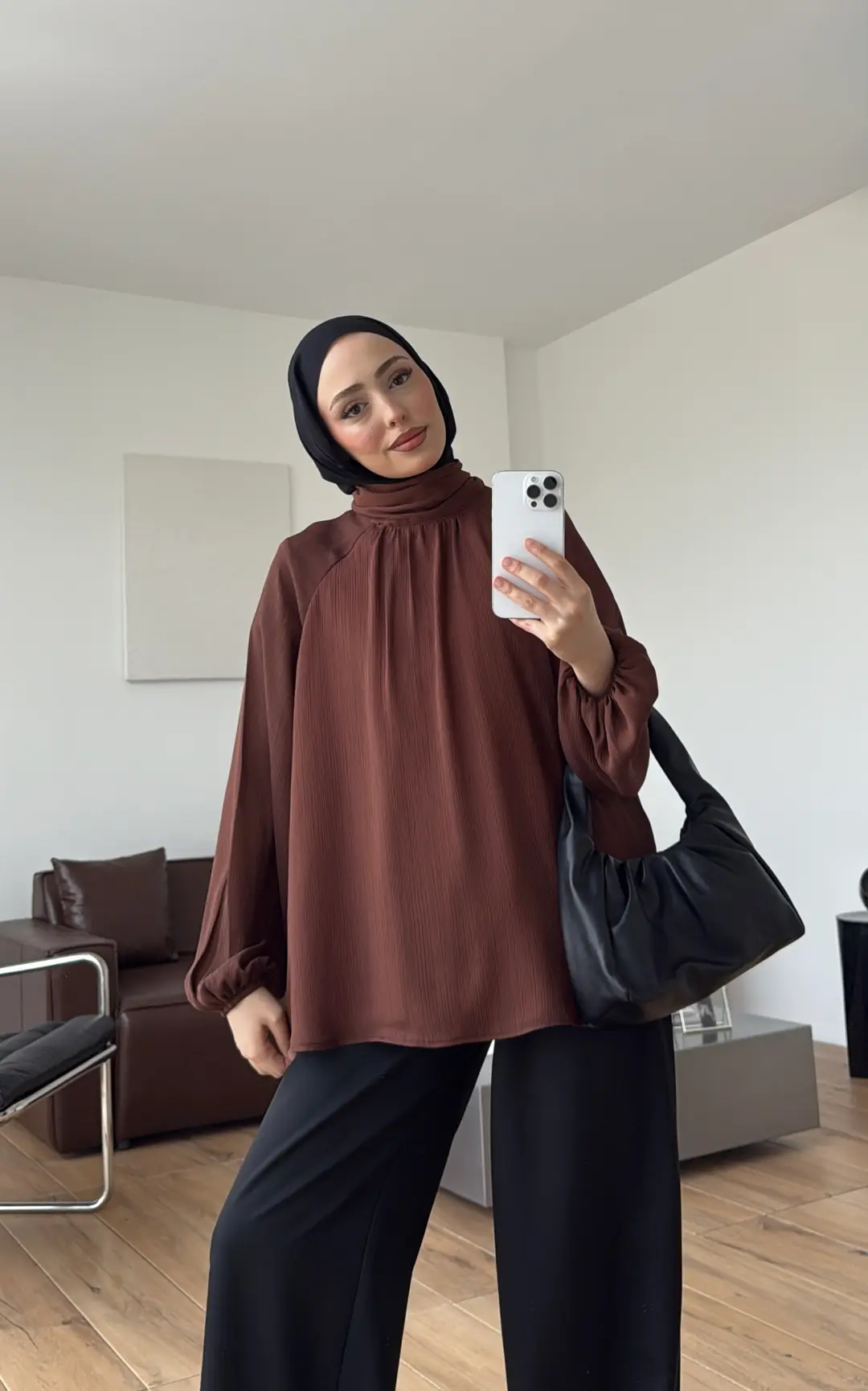 Krinkıl Atkılı Bluz Çikolata Kahve