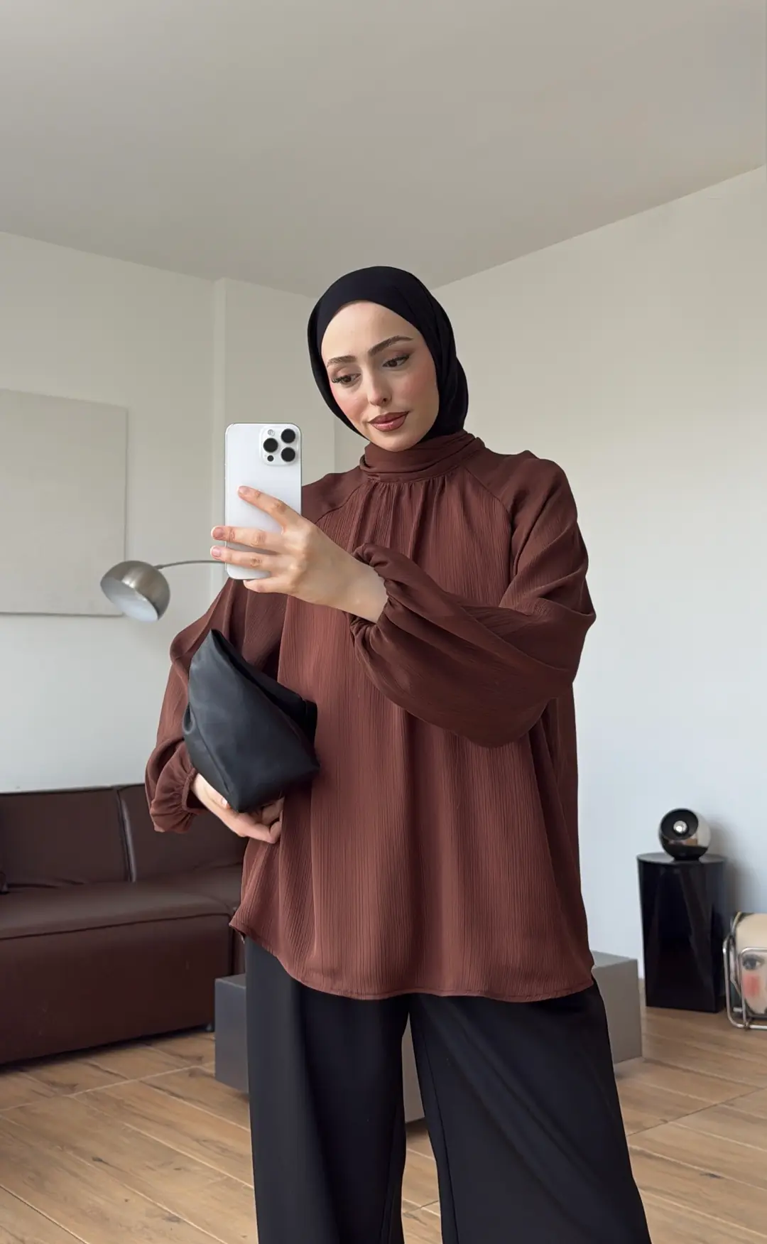 Krinkıl Atkılı Bluz Çikolata Kahve