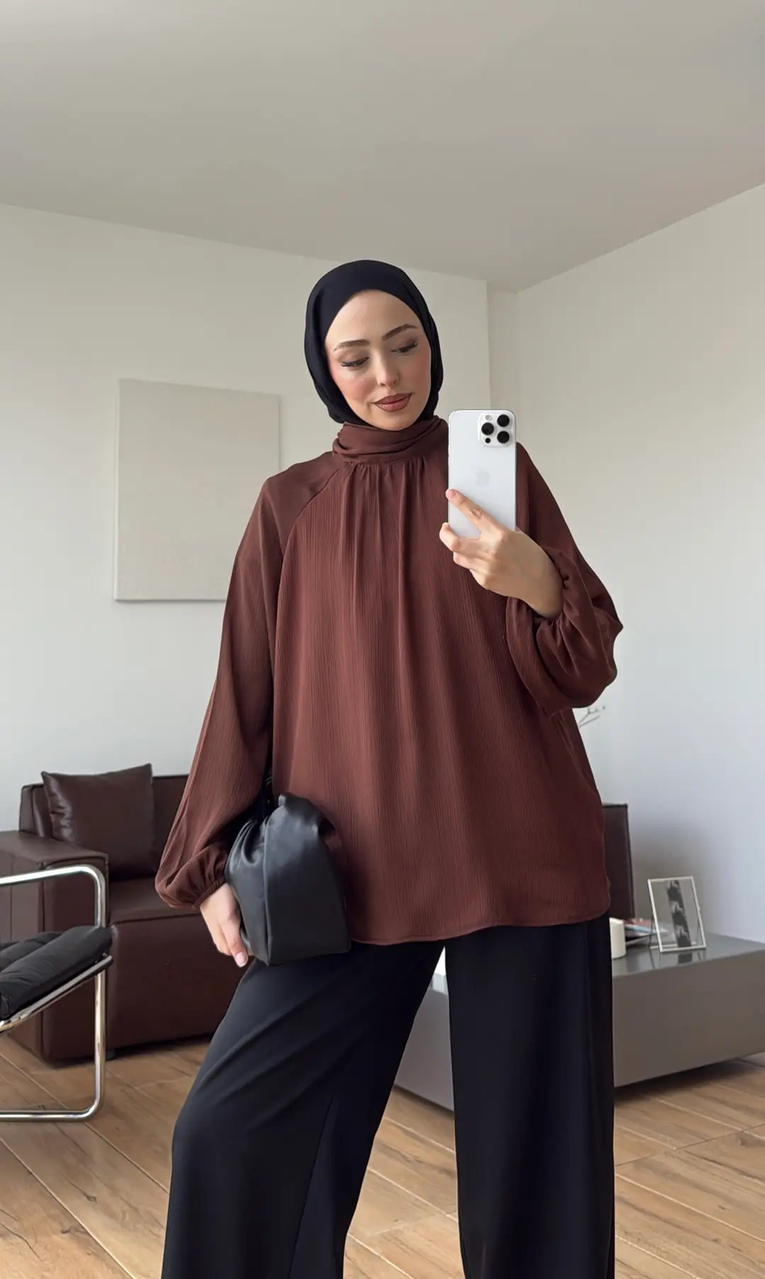 Krinkıl Atkılı Bluz Çikolata Kahve