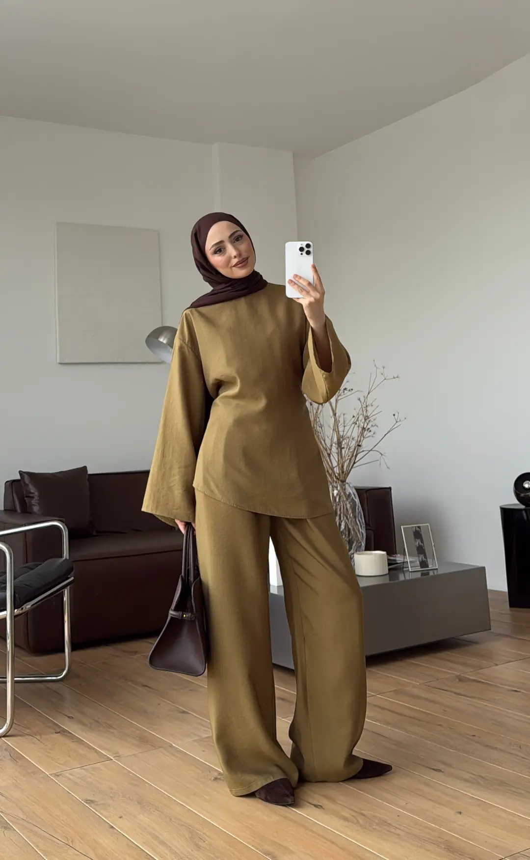 Pervazlı Arkadan Bağcıklı Takım Olive 