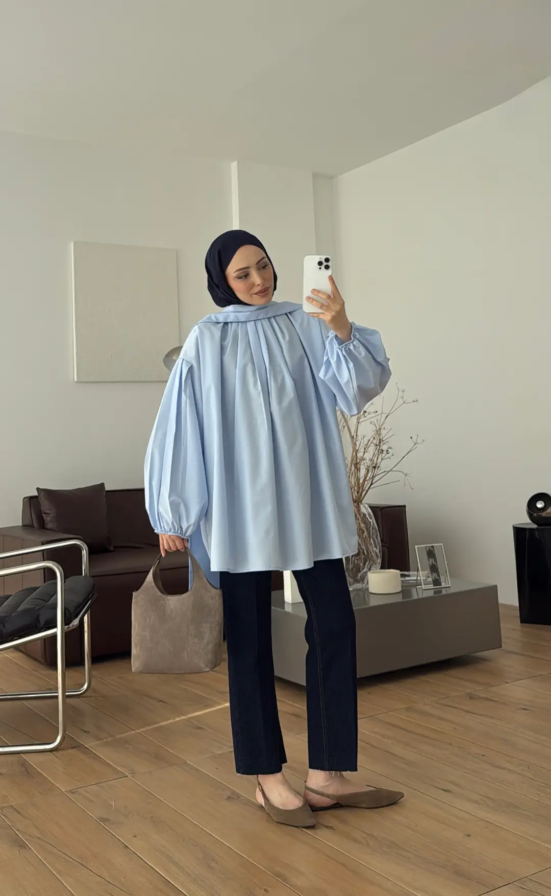 Şallı Pileli Bluz Mavi