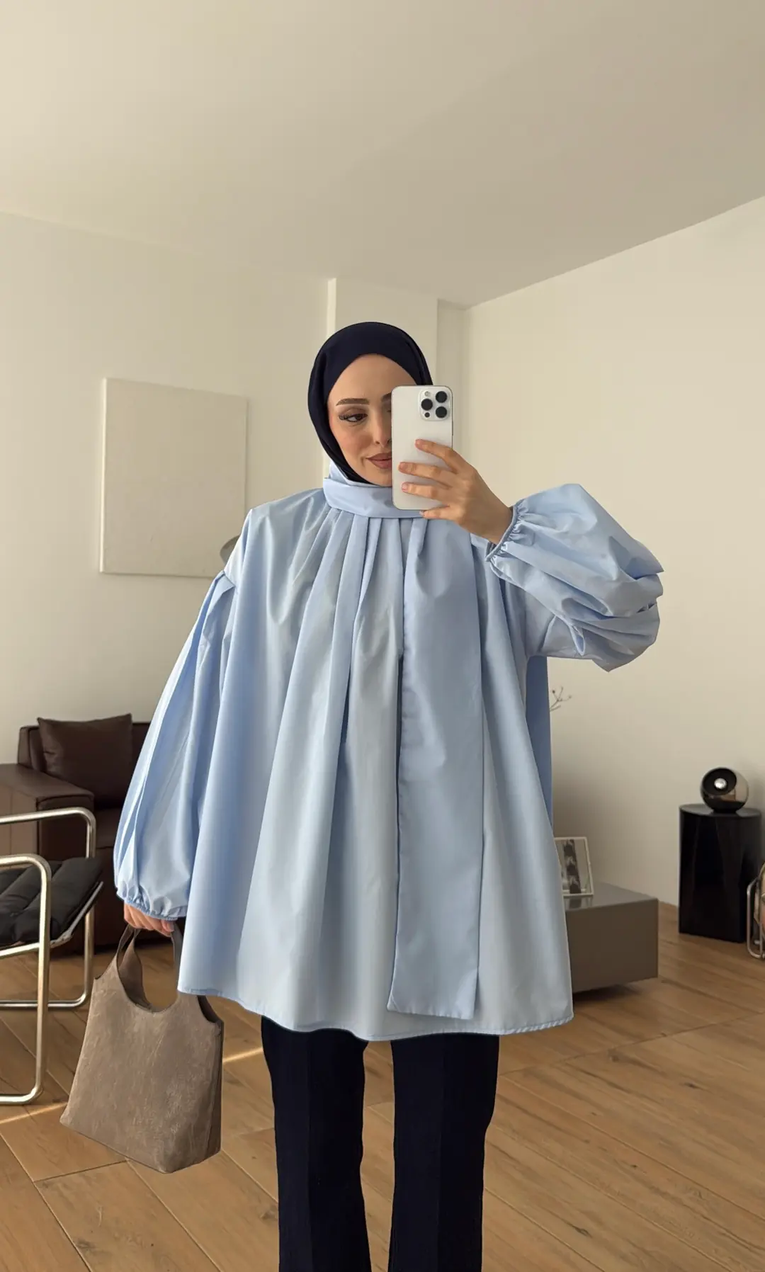 Şallı Pileli Bluz Mavi
